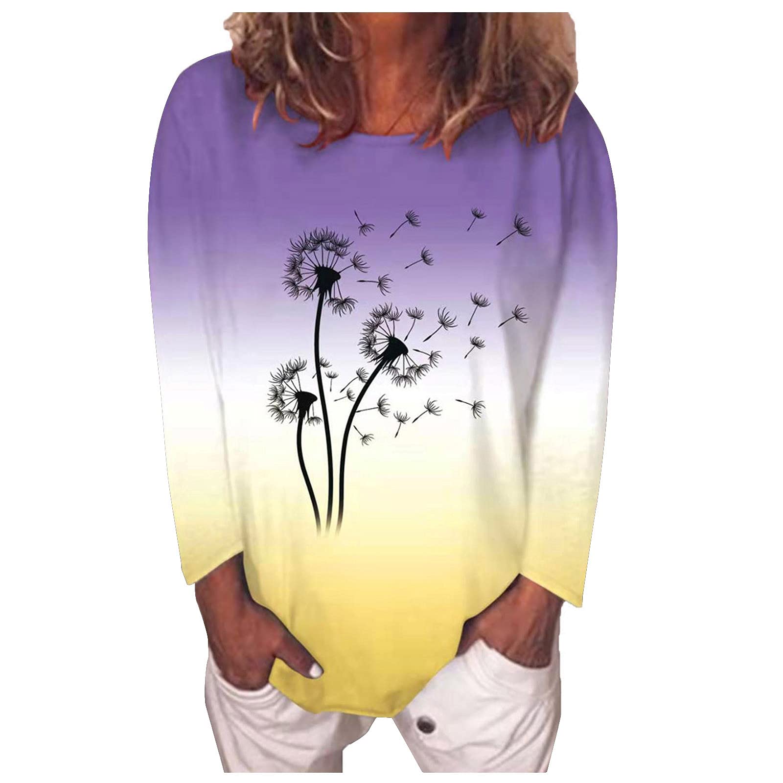 Women's Long Sleeve Printed Gradient Blouse - Casual O-Neck T-Shirt Top for Everyday Wear, Office & Date Nights