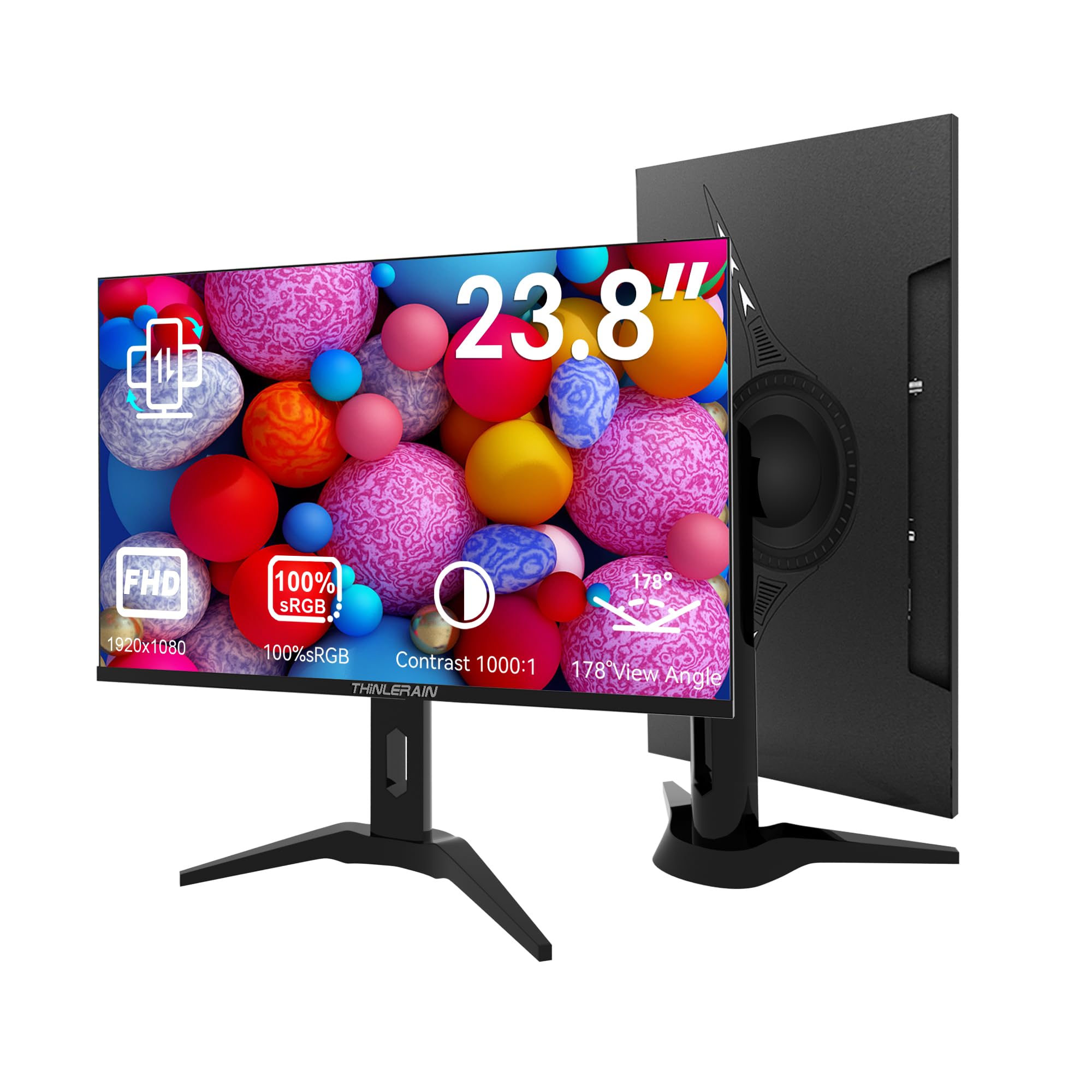 23.8 Inch Frameless Computer Monitor 1920x1080 Full HD Vertical Display with HDMI VGA AV BNC USB Ports, Multi-Function Stand, VESA Mount, Built-in Speakers for Office, Home, Gaming, and Design