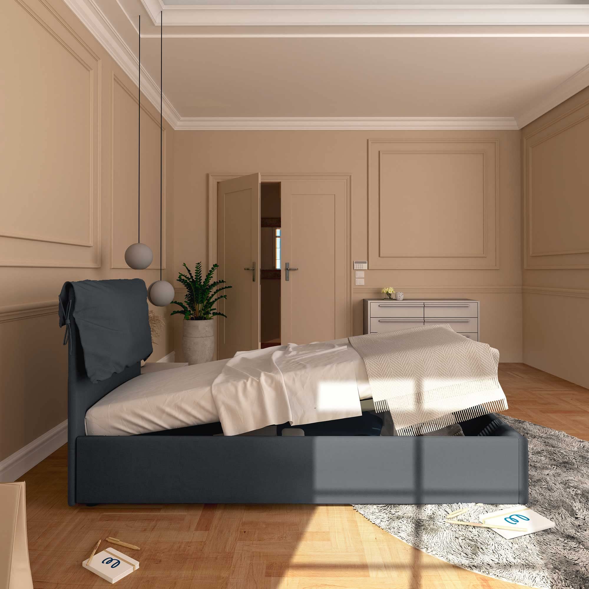 Baldiflex Single Bed with Storage - Licia Soft Synthetic Leather Upholstery, Slatted Base for Single Mattress, 90 x 200 cm, Padded Headboard, Dark Gray - Perfect for Small Bedrooms, Guest Rooms & Studio Apartments