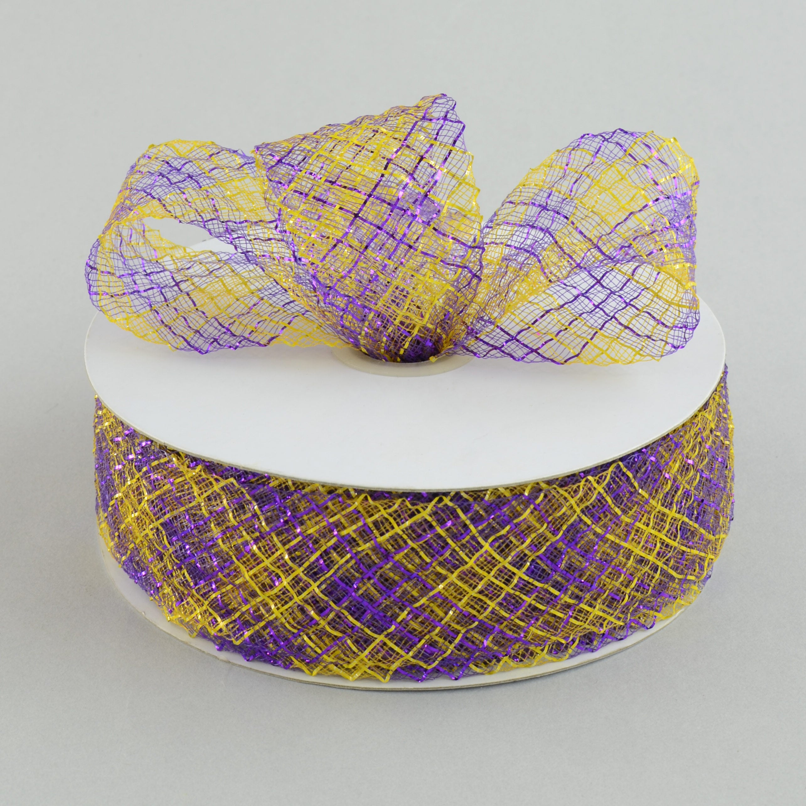1.5 Inch Deco Flex Mesh Ribbon - Purple and Gold Plaid Design - 30 Yards Bulk Roll for Gift Wrapping, Holiday Decorations, DIY Crafts and Party Supplies