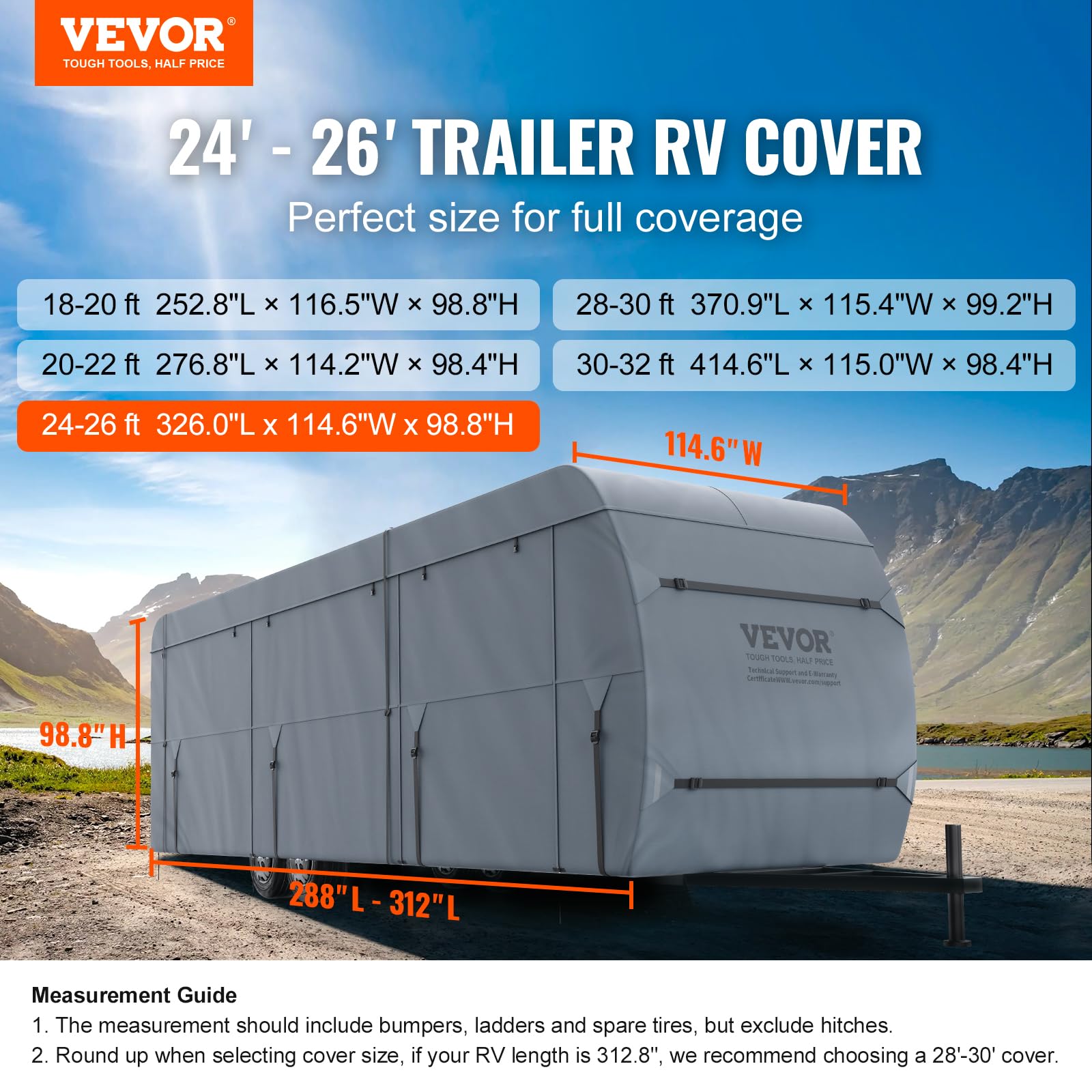 VEVOR 24-26' RV Travel Trailer Cover - 4-Layer Waterproof Windproof Camper Cover with Storage Bag | Heavy Duty Rip-Stop Non-Woven Fabric for Class A Motorhomes | Perfect for Outdoor Storage & Winter Protection