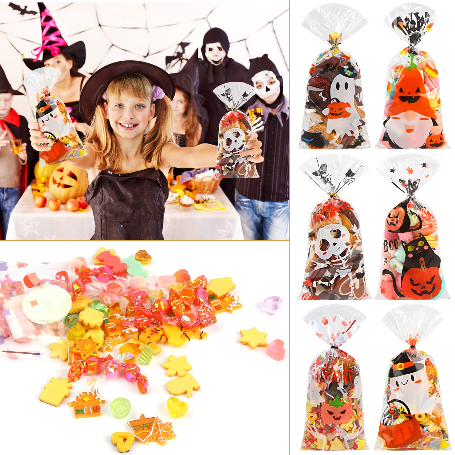 LOKIPA 120PCS Halloween Cellophane Treat Bags - 6 Styles Candy Bags with 150 Twist Ties for Trick or Treat, Halloween Party Favors, Classroom Treats & Goodie Bags
