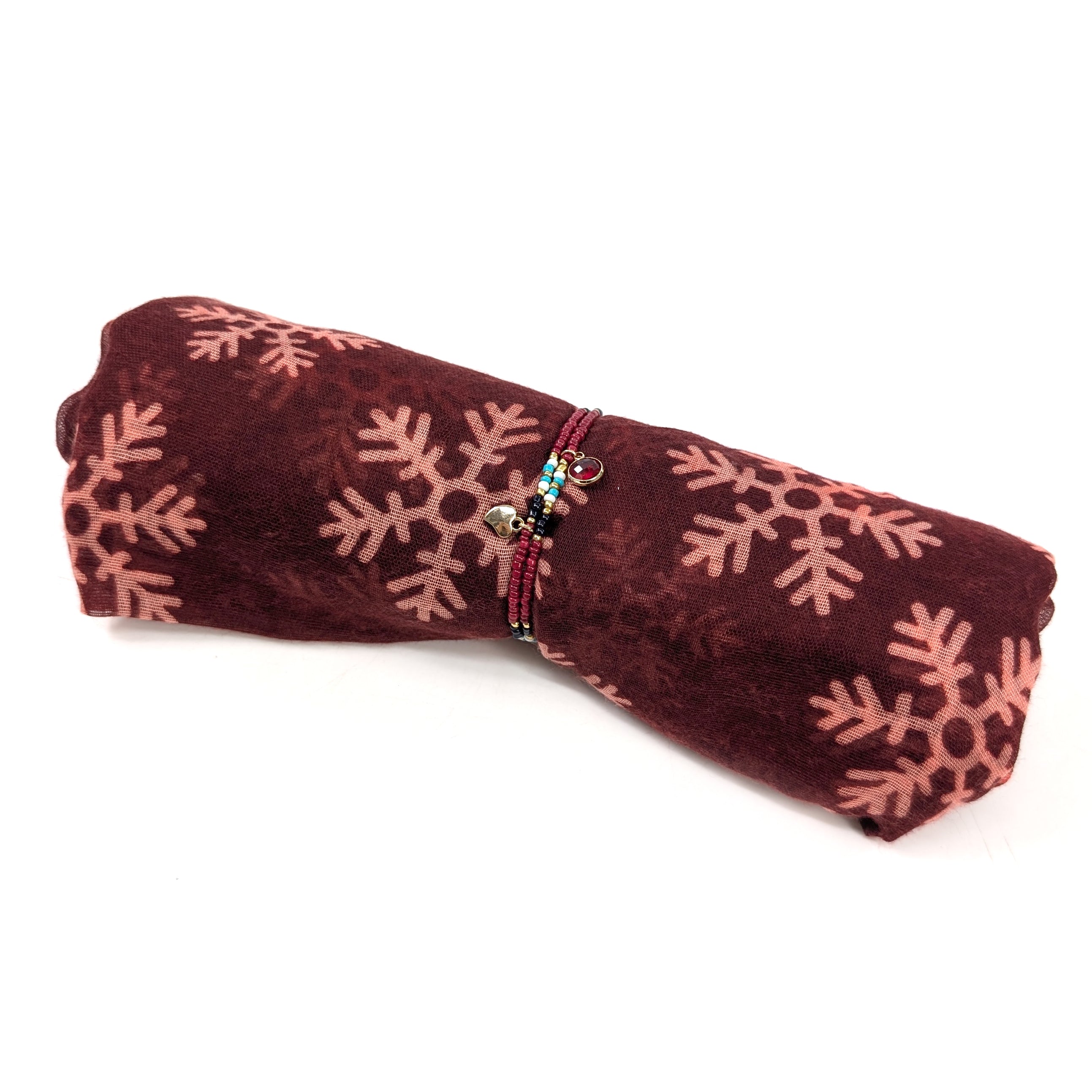 Red Snowflake Scarf and Bracelet Gift Set in a Cracker - Perfect Christmas Present, Holiday Accessories for Women, Winter Fashion Gift Idea