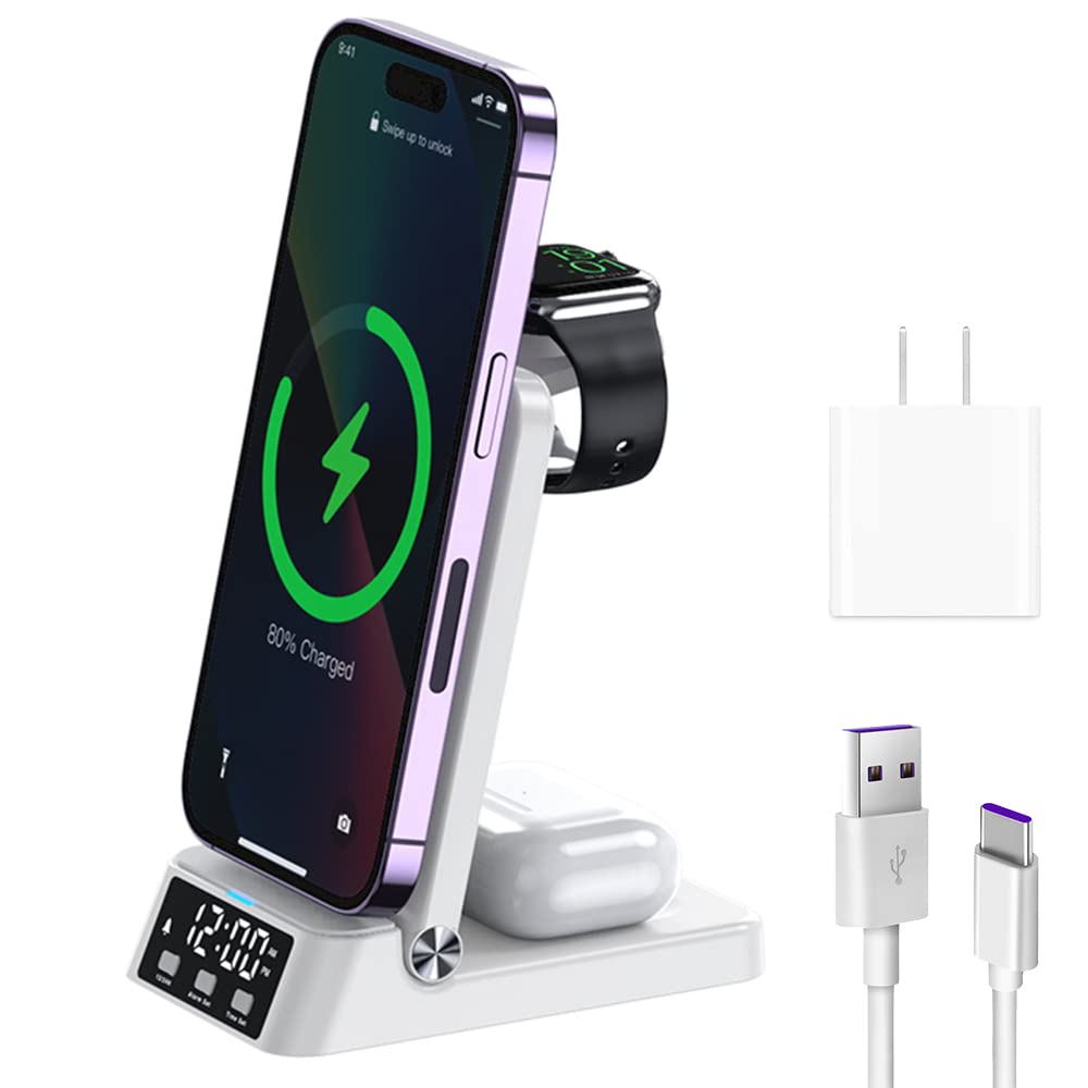 Quycat 3-in-1 Fast Wireless Charging Station - 18W Qi-Certified Charger Stand for iPhone 14 Pro Max/13/12/11, Samsung Galaxy S23/S22/S21/S20 & AirPods - Includes Samsung Watch Charger | Perfect for Bedside, Office & Travel Charging