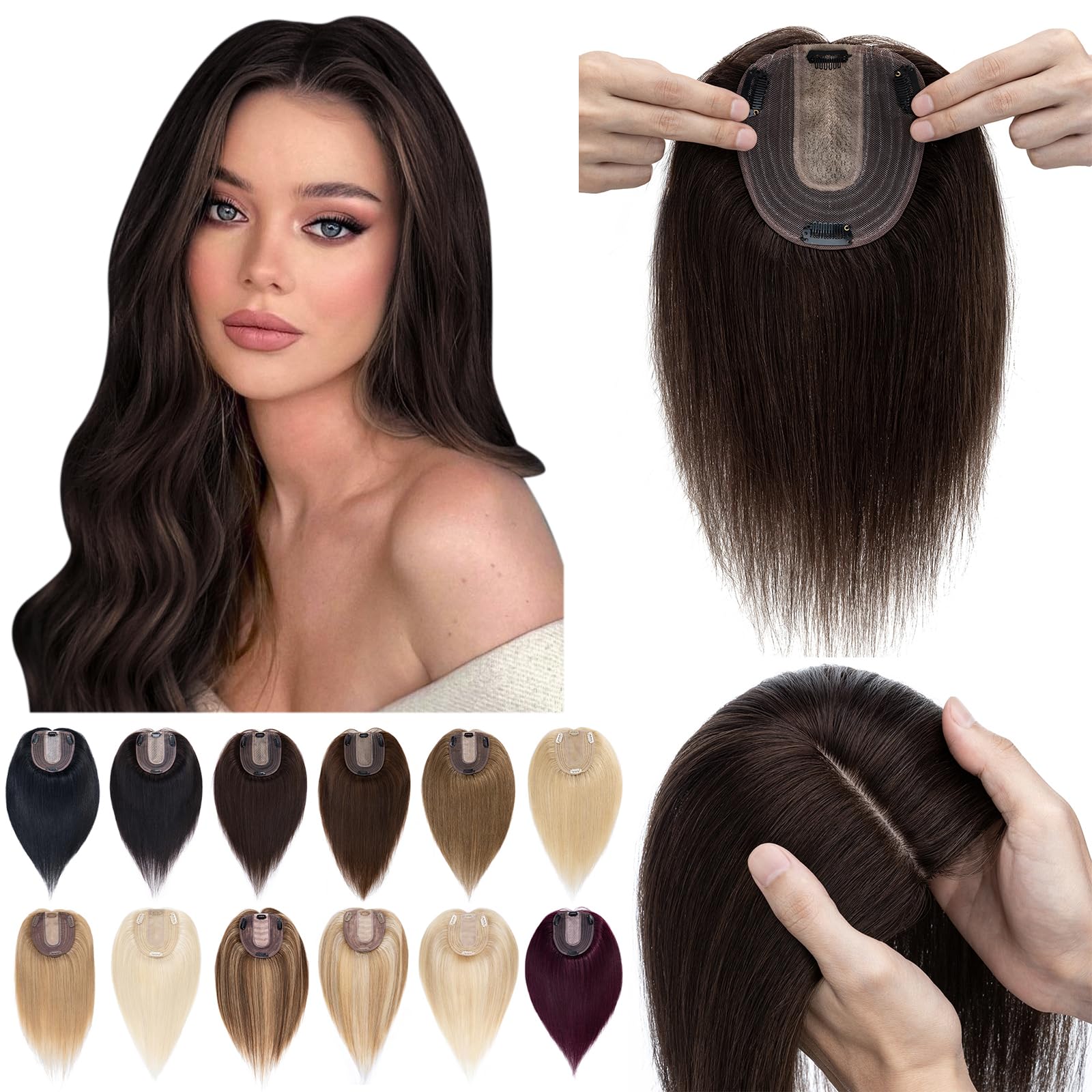 SEGO 10x12cm Silk Base Human Hair Topper for Women - 130% Density No Bangs Clip-in Top Wiglet, 16 Inch Dark Brown 100% Remy Human Hair | Perfect for Thinning Hair, Daily Wear & Special Occasions