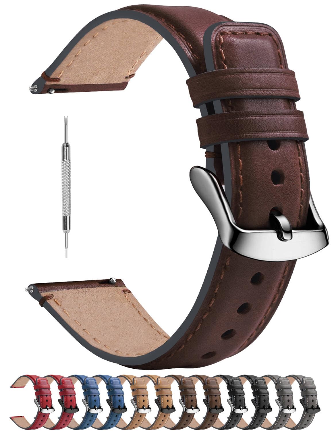 Fullmosa Quick Release Leather Watch Band 22mm 20mm 18mm for Samsung Galaxy & Garmin - Business & Casual Wear