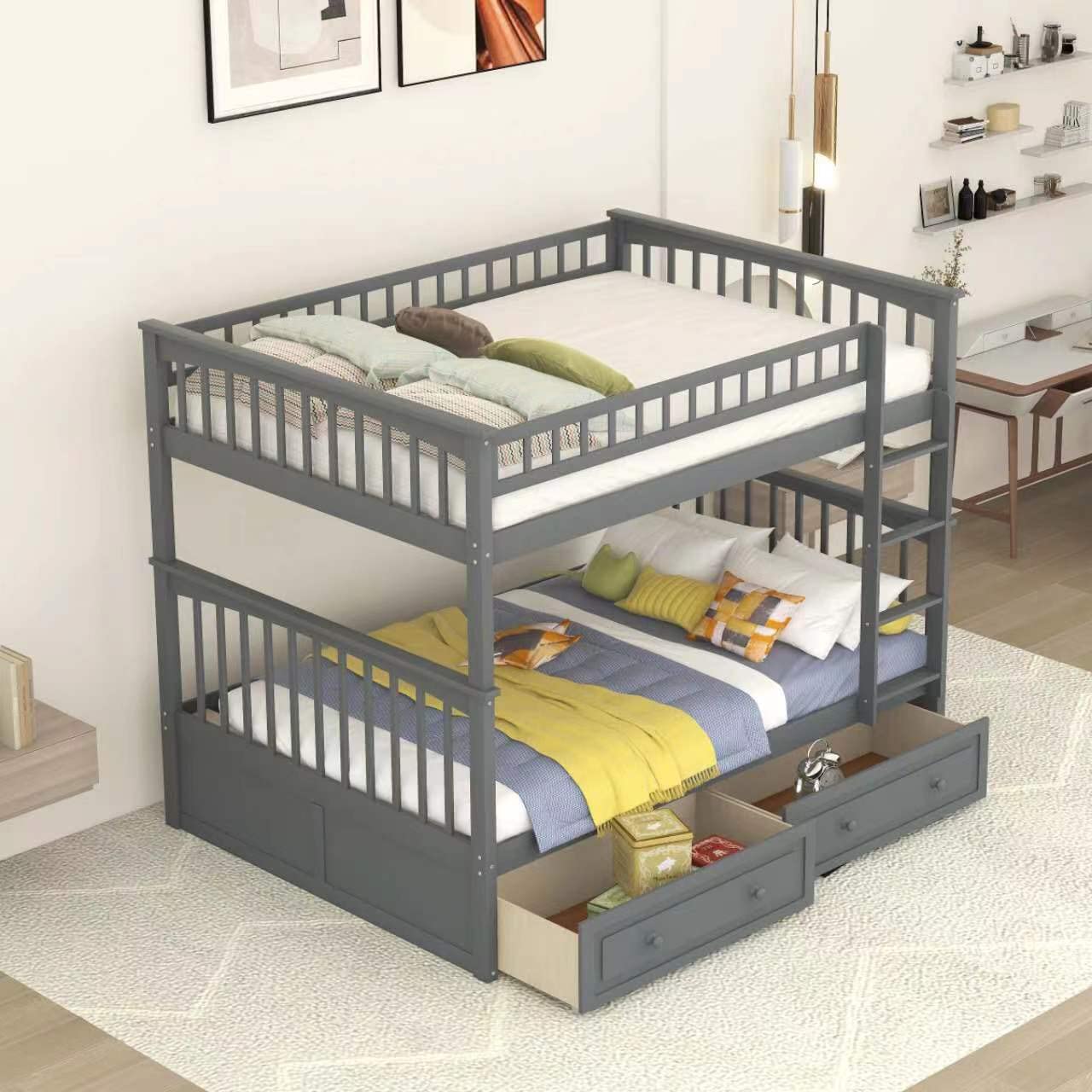 Harper & Bright Designs Full Over Full Wood Bunk Bed with 2 Storage Drawers & Ladder - Convertible to Twin Full Size Daybeds - Space Saving Kids Bedroom Furniture for Small Rooms & Guest Houses (Grey)
