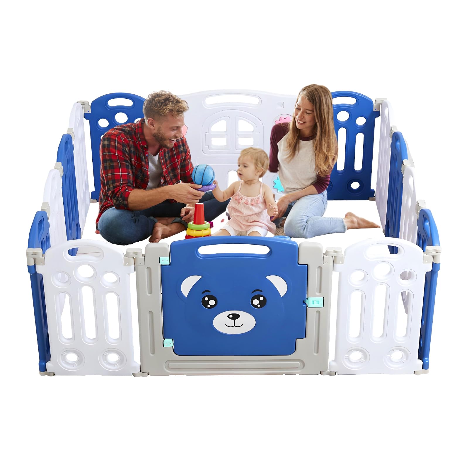 Foldable Baby Playpen with 14 Panels - Portable Safety Play Yard for Babies & Toddlers, Indoor & Outdoor Use, Bear Pattern Design - Perfect for Home, Park, and Travel Playtime