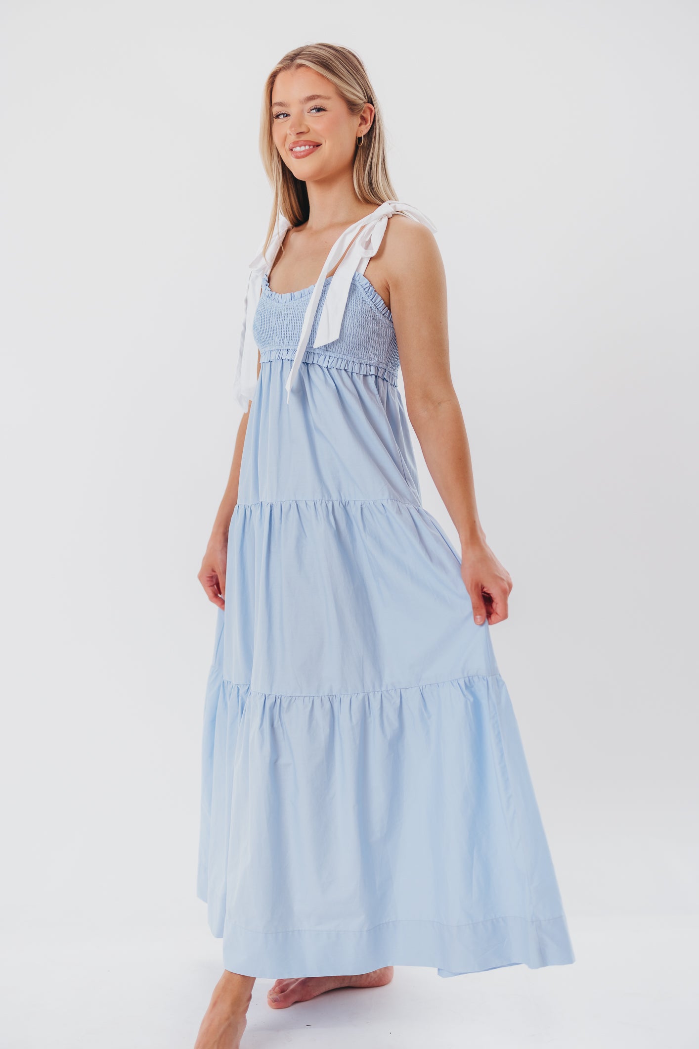 Chambray & Ivory Amber Maxi Dress for Women - Elegant Long Flowy Summer Dress for Beach, Wedding, or Casual Outings