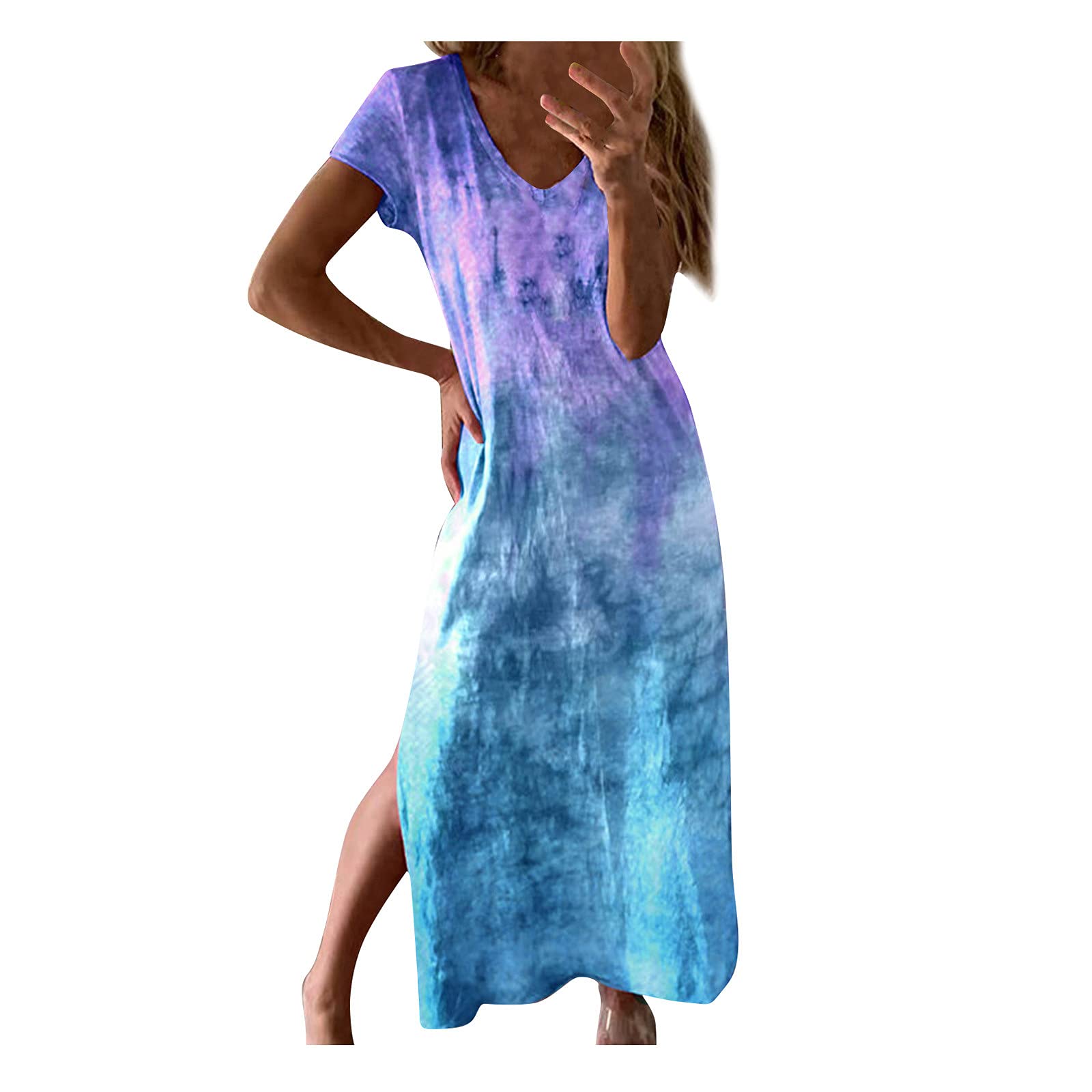Women's Tie-Dye V-Neck Long Sleeve Casual Dress with Side Slit - Black & Pink Summer Boho Maxi Dress for Beach, Party & Everyday Wear