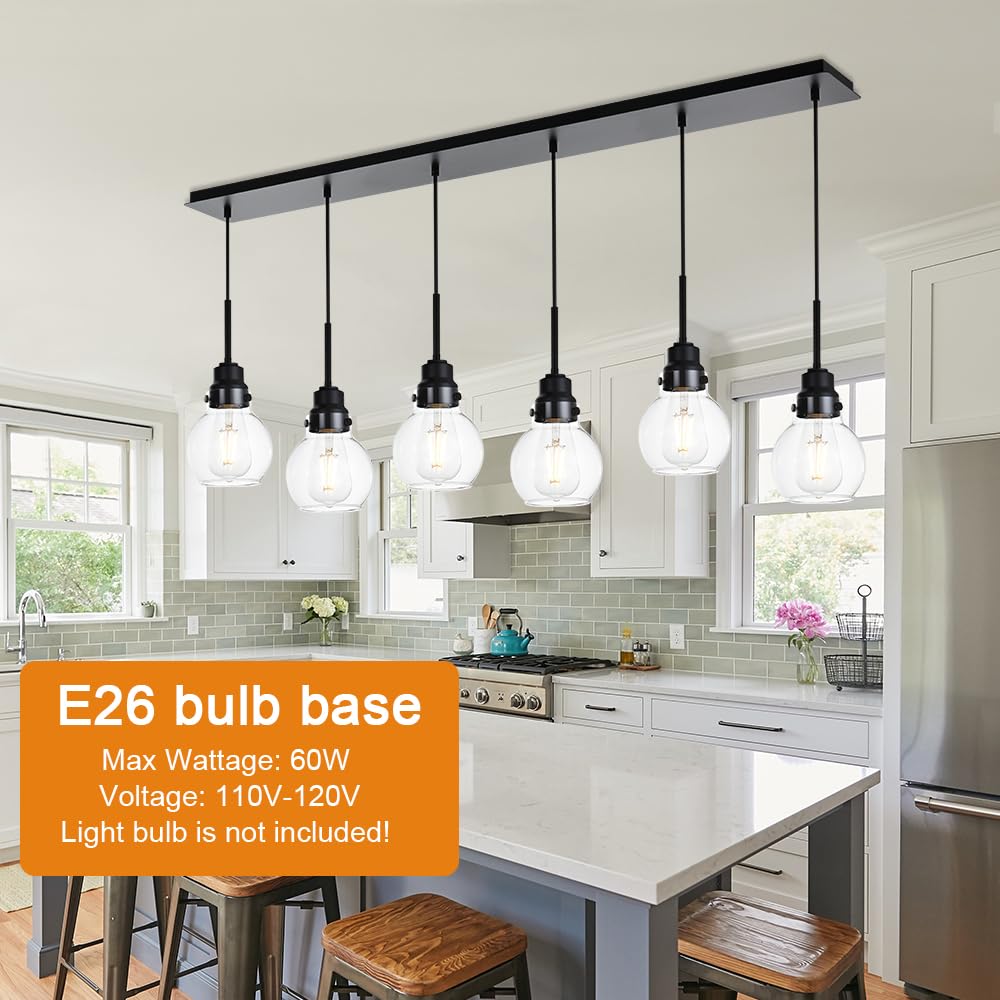 VINLUZ 6-Light Adjustable Black Rustic Farmhouse Pendant Lighting with Clear Glass Shade - Kitchen Island Chandelier for Dining Room, Cafe & Bar Ceiling Decor