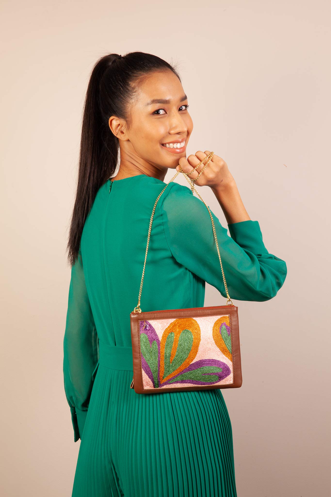 Handmade Leather Crossbody Bag for Women - Elegant Hand-Embroidered Clutch Purse with Wallet | Fashionable Shoulder Bag for Daily Use, Date Night & Special Occasions