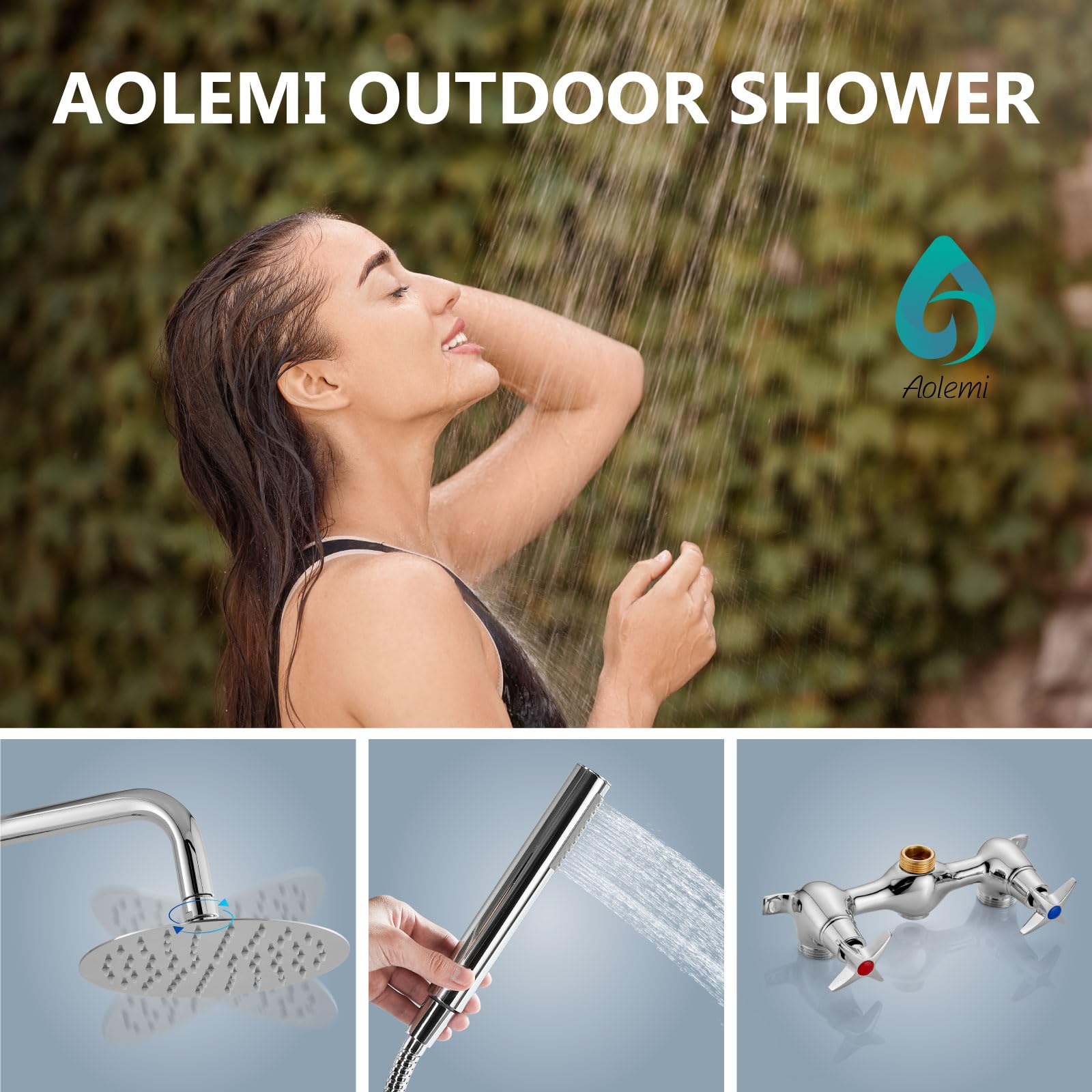 **Aolemi Outdoor Shower Kit - 2 Handle Faucet System with 8 Inch Rainfall Shower Head & Handheld Sprayer - Adjustable Height Polish Chrome Pipe - Perfect for Poolside, Beach, Camping & Garden Use**