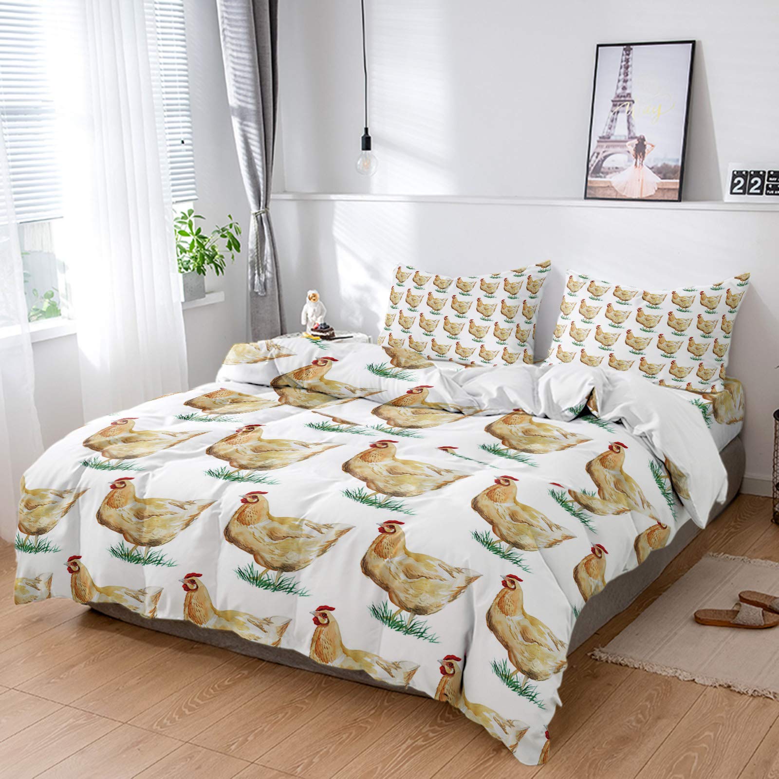 Country Farm Animals Chicken on Grass 4-Piece Duvet Cover Set - Full Size Ultra Soft Quilted Bedding with 2 Pillow Shams, White - Perfect for Farmhouse, Country Style Bedrooms & Cozy Home Decor