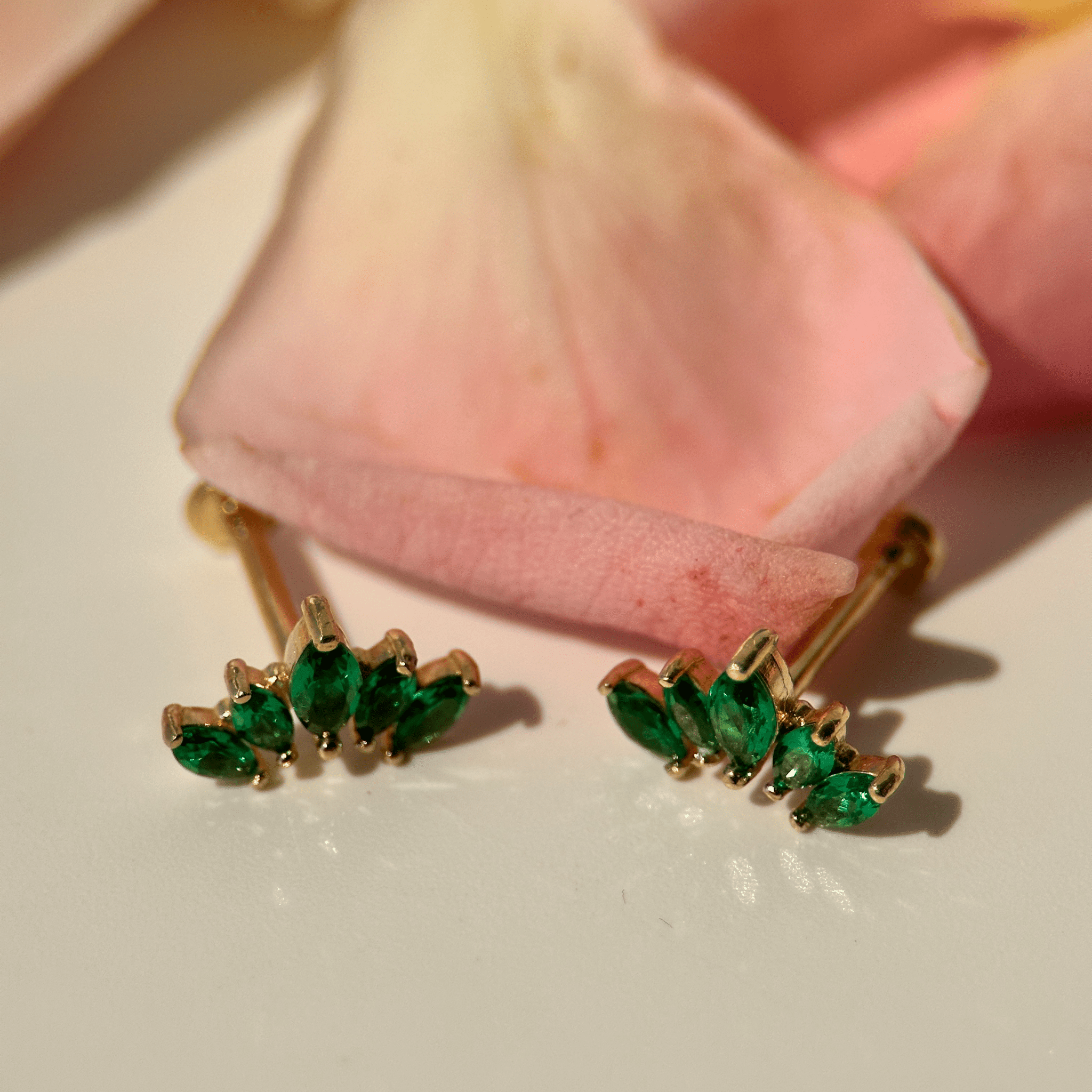 14K Yellow Gold Marquise Cut Five Petal Emerald Lotus Stud Earrings - Perfect for Weddings, Parties & Everyday Elegance