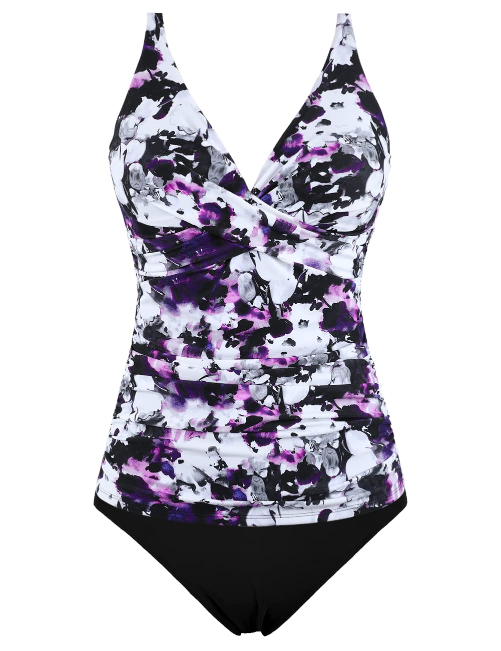 Hilor Women's Front Twist V-Neck Tankini Swim Top with Tummy Control - High Waisted Bikini Bottoms Two Piece Bathing Suit Set for Beach, Pool & Vacation