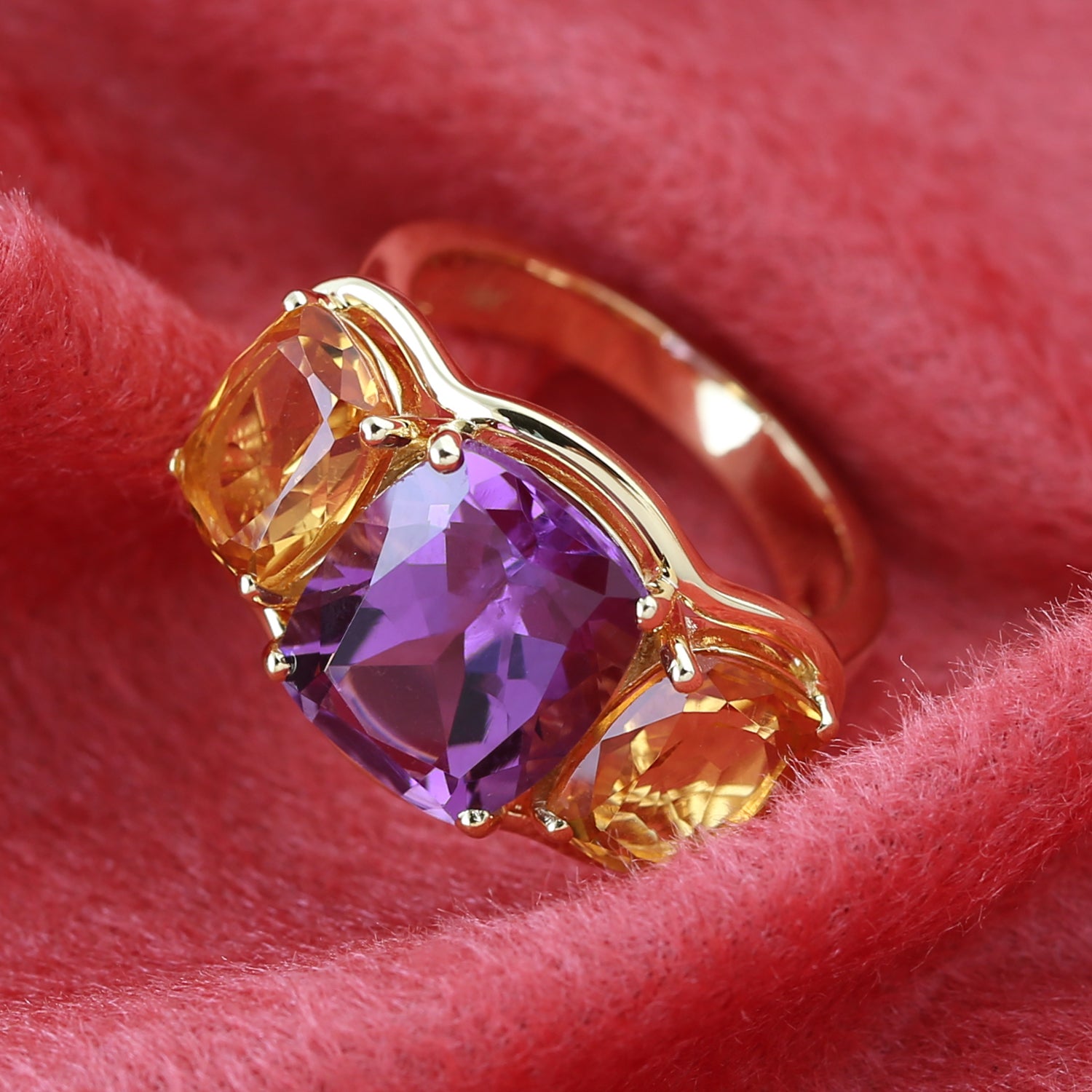 Handmade Yellow Gold Three Stone Ring with Cushion Cut Amethyst & Citrine Prong Setting | Elegant Jewelry for Weddings, Anniversaries & Special Occasions