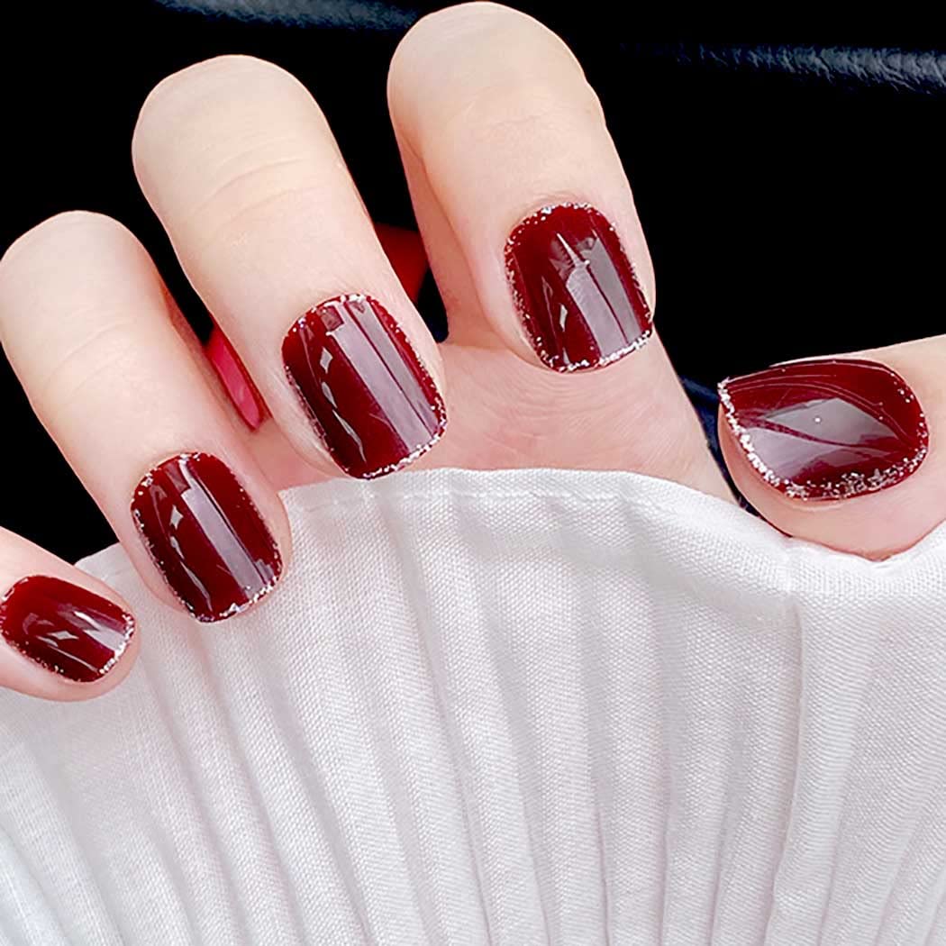 Short Press On Nails Red Square Fake Nails with Glitter & Glossy Finish - Shimmer Acrylic Artificial Nails for Women & Girls (24Pcs) - Perfect for Daily Wear, Parties, and Special Occasions