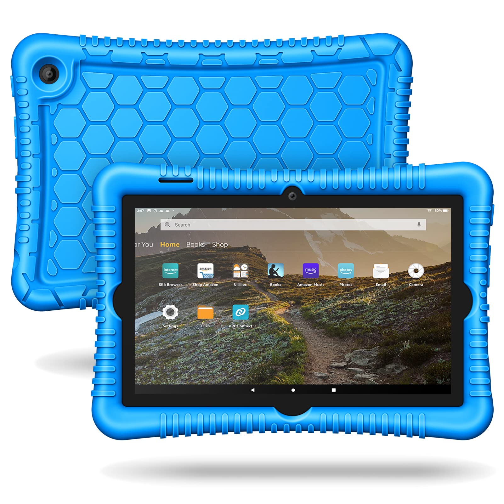 Fintie Shockproof Silicone Case for Amazon Fire 7 Tablet 12th Gen (2022 Model) - Lightweight Honeycomb Design Protective Cover in Blue - Perfect for Kids, Travel & Everyday Use