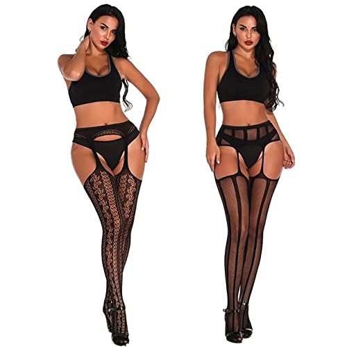 Verterosie 2 Pairs Sexy Garter Belt & Thigh-High Stockings Set - Black Floral Lace Pantyhose with High Waist Suspenders for Women | Perfect for Valentine's Day, Boudoir Photography and Special Occasions