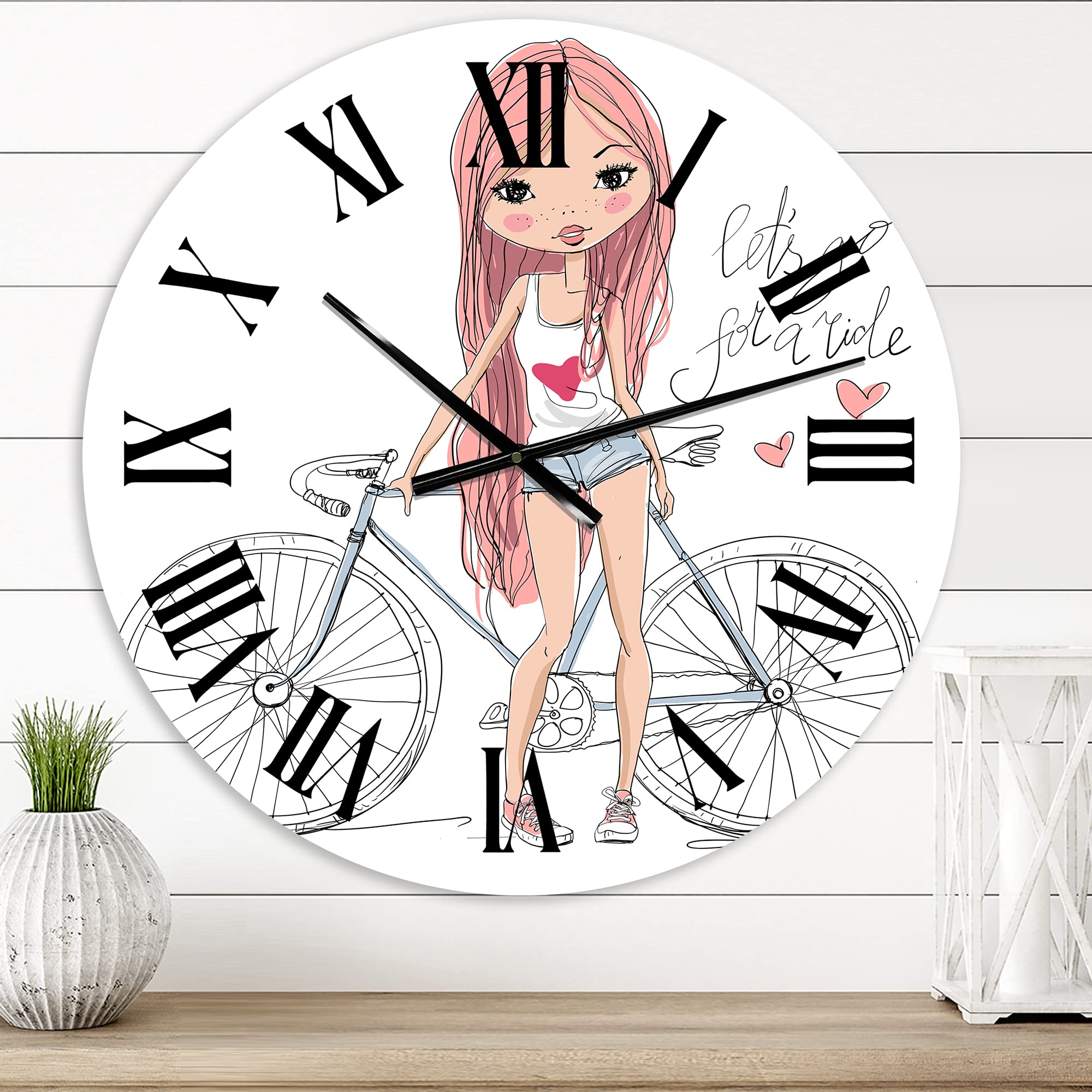 DesignQ Kids Wall Clock - 'Young Girl with Bicycle' Large Decorative Clock for Children's Room, Bedroom & Playroom | Perfect for Home Decor, Nursery & Classroom