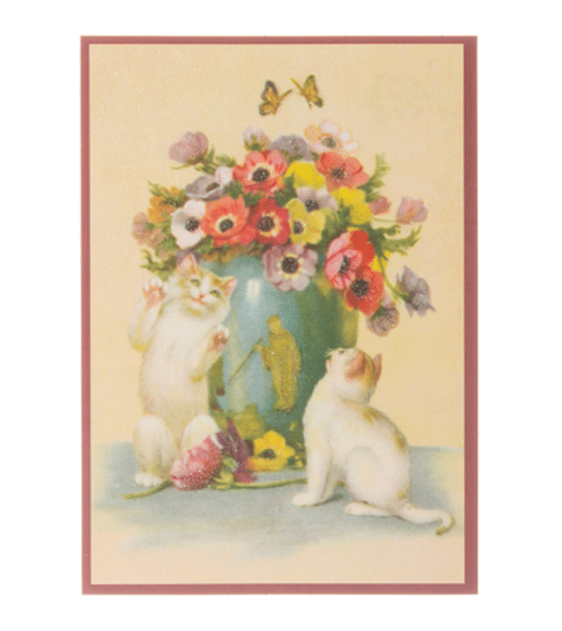 Vintage Glitter Kitten Postcard with Floral Vase - Large Size Retro Greeting Card for Scrapbooking, Home Decor & Gift Giving