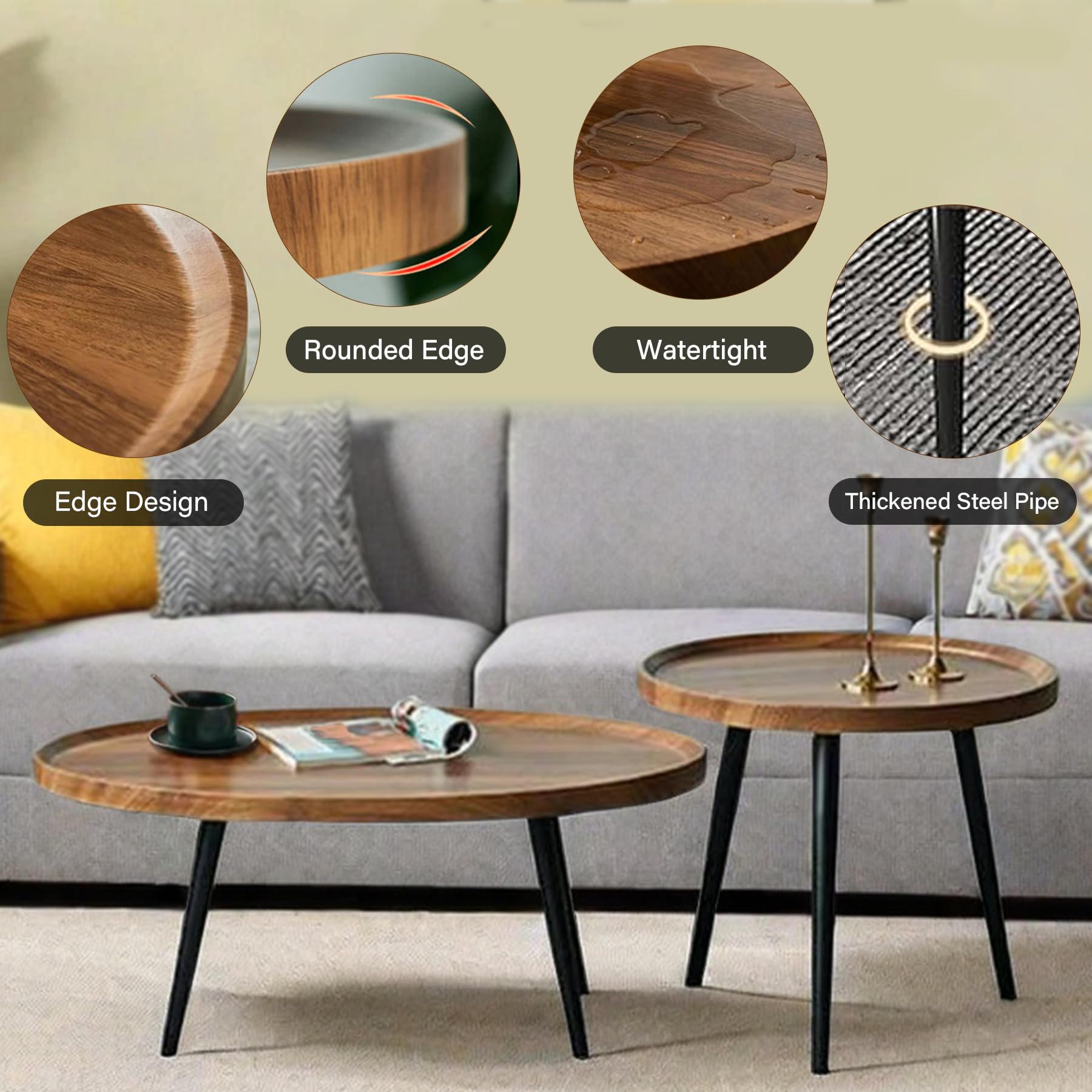 Mid Century Modern Nesting Coffee Table Set of 2 - Oval & Round Side Tables for Living Room, Bedroom, Small Spaces - Walnut Finish | Perfect for Compact Apartments, Cozy Reading Nooks & Contemporary Home Decor