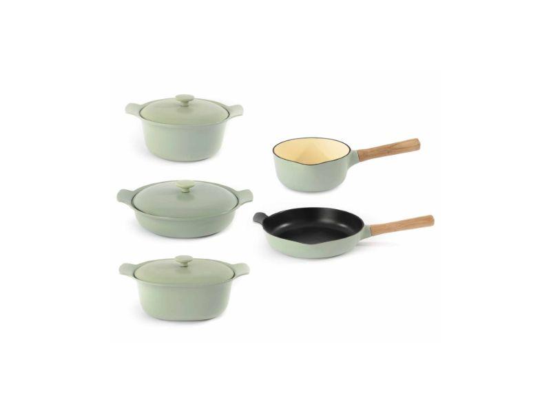 BergHOFF Ron 8-Piece Cast Iron Cookware Set - Durable Enameled Dutch Oven & Skillets, Green - Perfect for Braising, Frying & Slow Cooking at Home or Camping