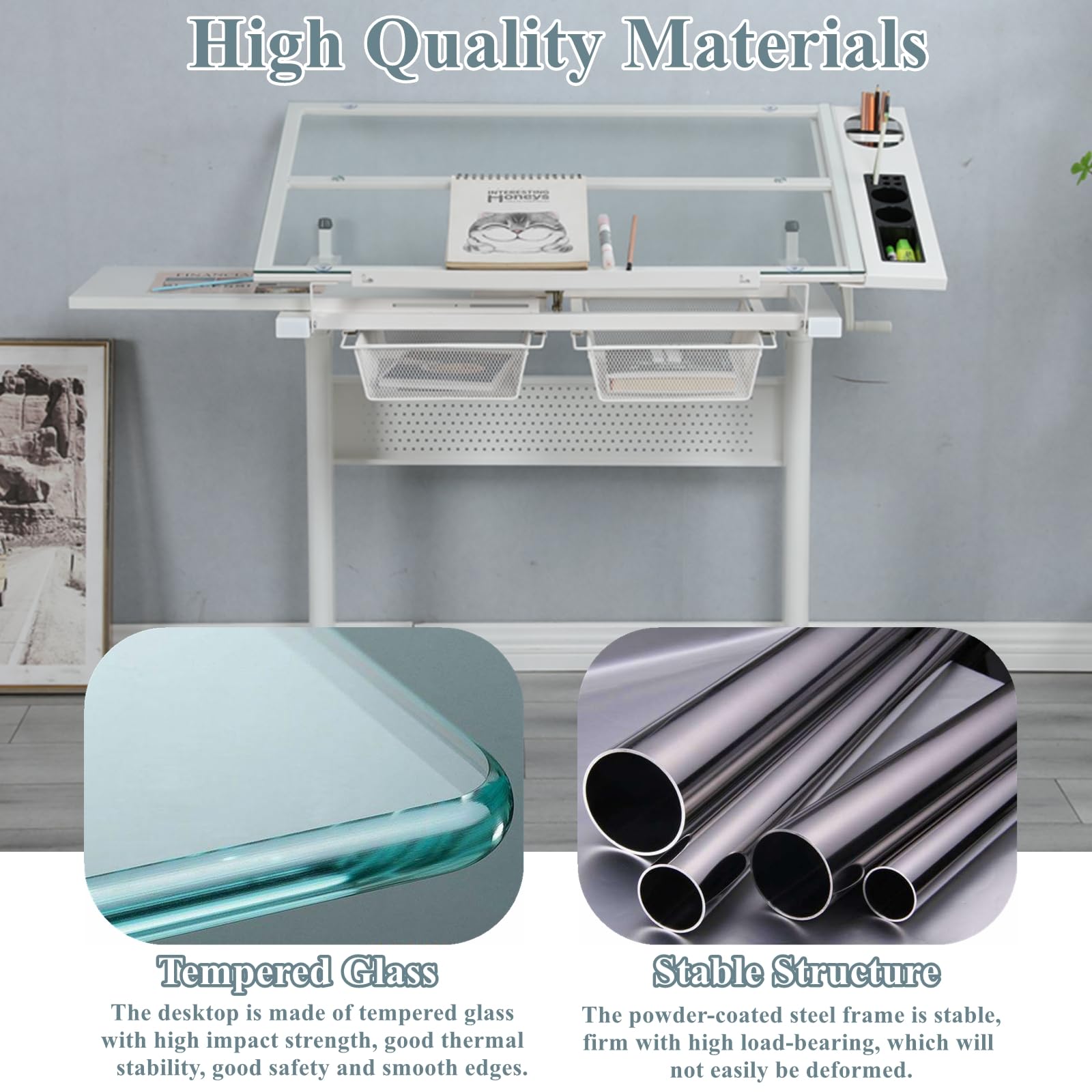 Upgraded Adjustable Height Glass Drafting Table with Hand Crank - Tilting Art & Craft Desk for Artists, Architects & Designers | Includes Stool, 2 Storage Drawers & Side Table | Perfect for Home Office, Studio & Creative Workspace (No.2-White)