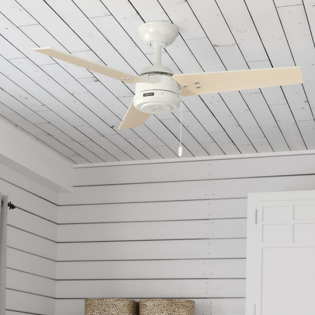 Hunter 44 Inch Cassius Fresh White Outdoor Ceiling Fan with LED Light - Damp Rated for Patio, Porch, Covered Deck - Energy Efficient & Quiet Operation