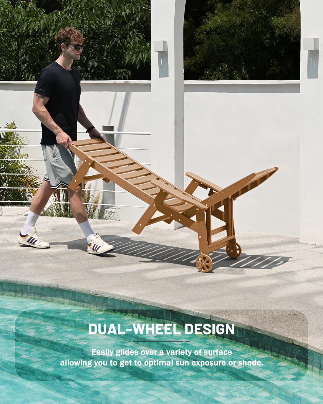 2-Piece HDPE Outdoor Lounge Chair Set with 6-Position Adjustable Back, Wheels & Cup Holders - Teak Poolside Chaise Lounge for Backyard, Patio & Deck Relaxation | Perfect for Sunbathing, Swimming Pool Areas & Outdoor Lounging