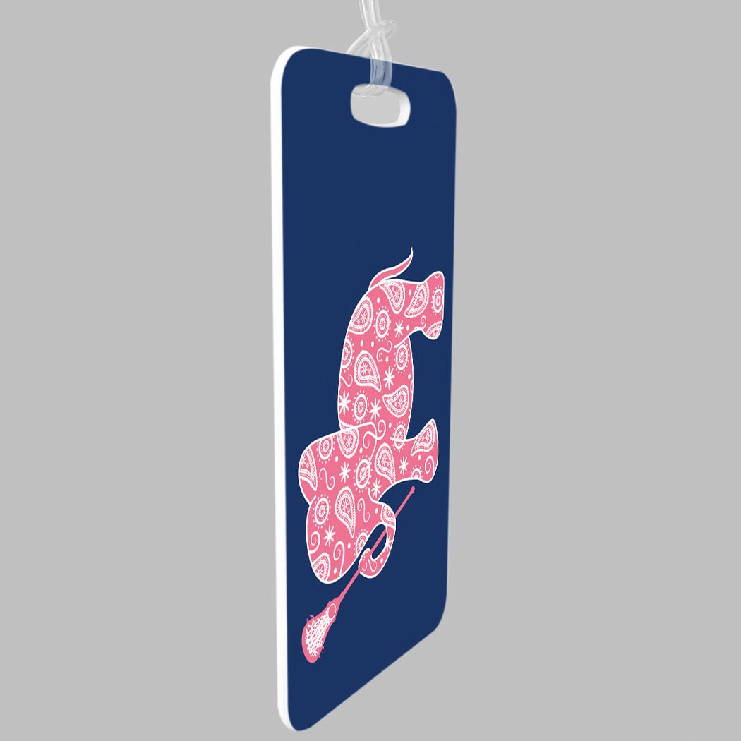 Custom Girls Lacrosse Luggage Tag - Personalized Lax Elephant Design with Info Panel - Medium Navy Sports Bag Tag for Travel & Team Gear Identification