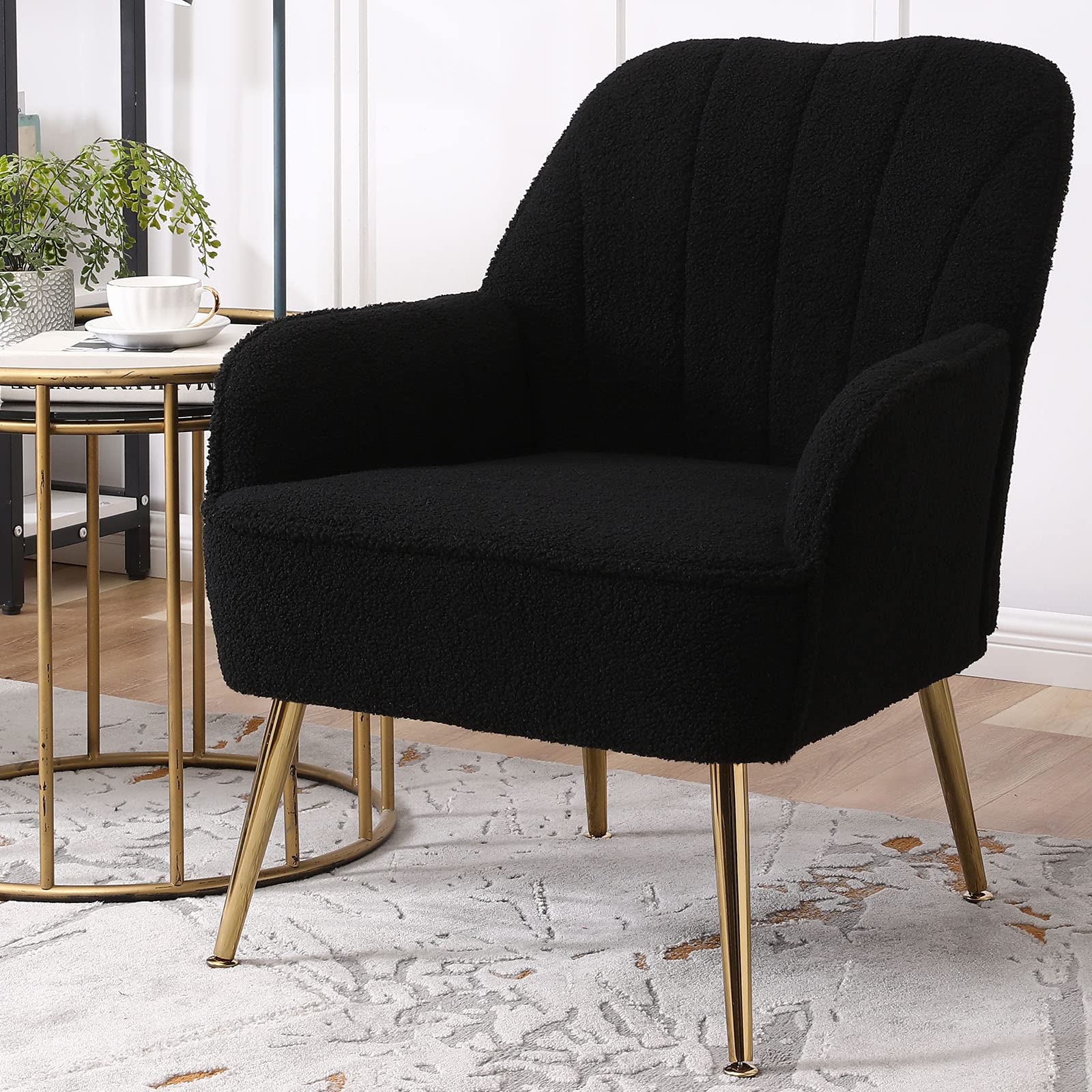 Modern Accent Chair Set of 2 - Plush Teddy Furry Upholstered Armchairs with Sherpa Fabric & Gold Metal Legs, Comfy Living Room Chairs for Reading Nook, Bedroom Seating or Home Office (Black) - Perfect for Cozy Lounging, Relaxation & Stylish Home Decor
