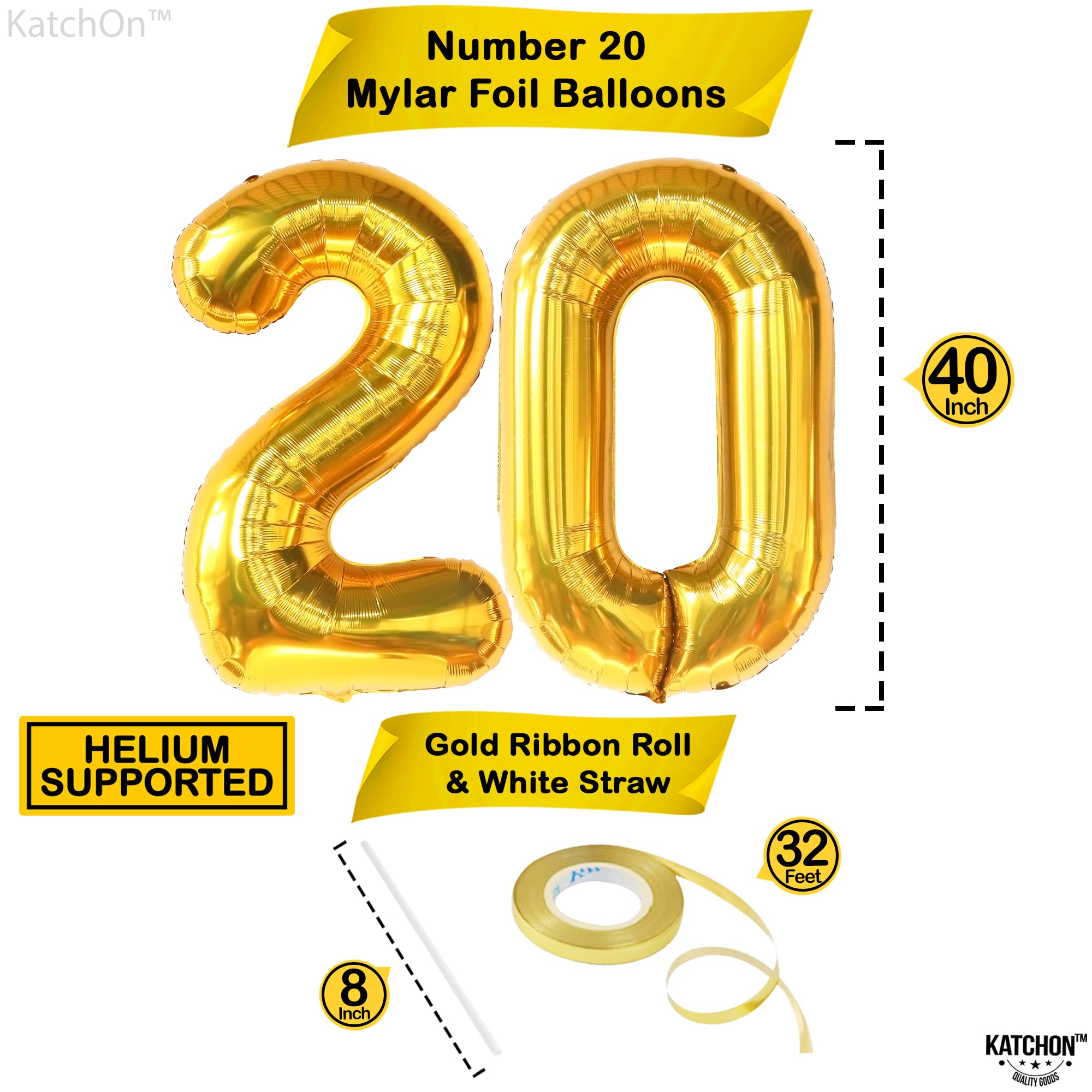 KatchOn 40 Inch Gold Number 20 Balloon - Large Foil 20th Birthday Decorations for Party, Anniversary & Celebration | Perfect for 20th Birthday Party, Graduation, Wedding Anniversary & Special Events