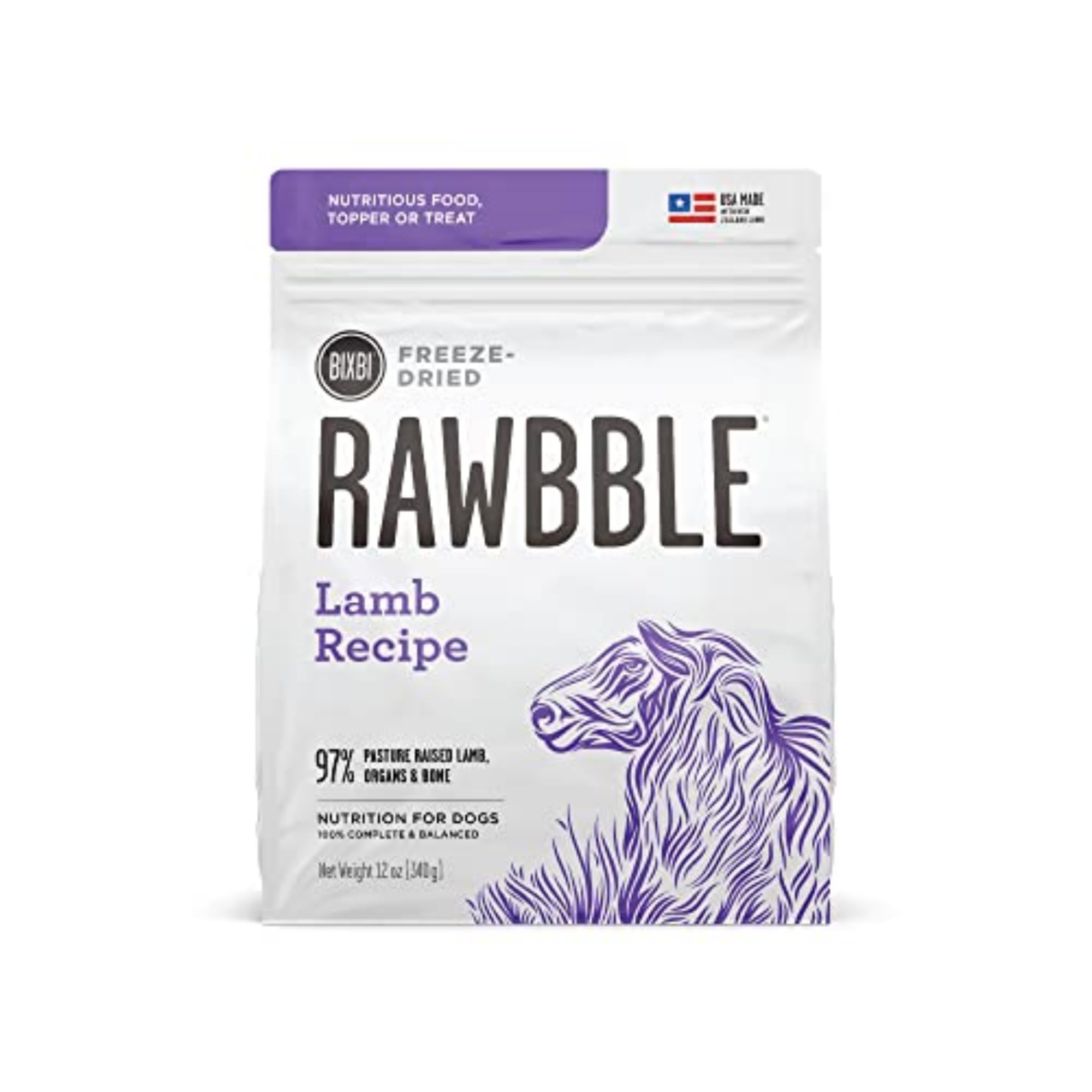 BIXBI Rawbble Freeze Dried Dog Food - Lamb Recipe 12oz | 97% Meat & Organs | Grain-Free, No Fillers | Raw Dog Food for Meals, Treats & Toppers | Made in USA | Perfect for Travel, Camping & Emergency Pet Food Storage