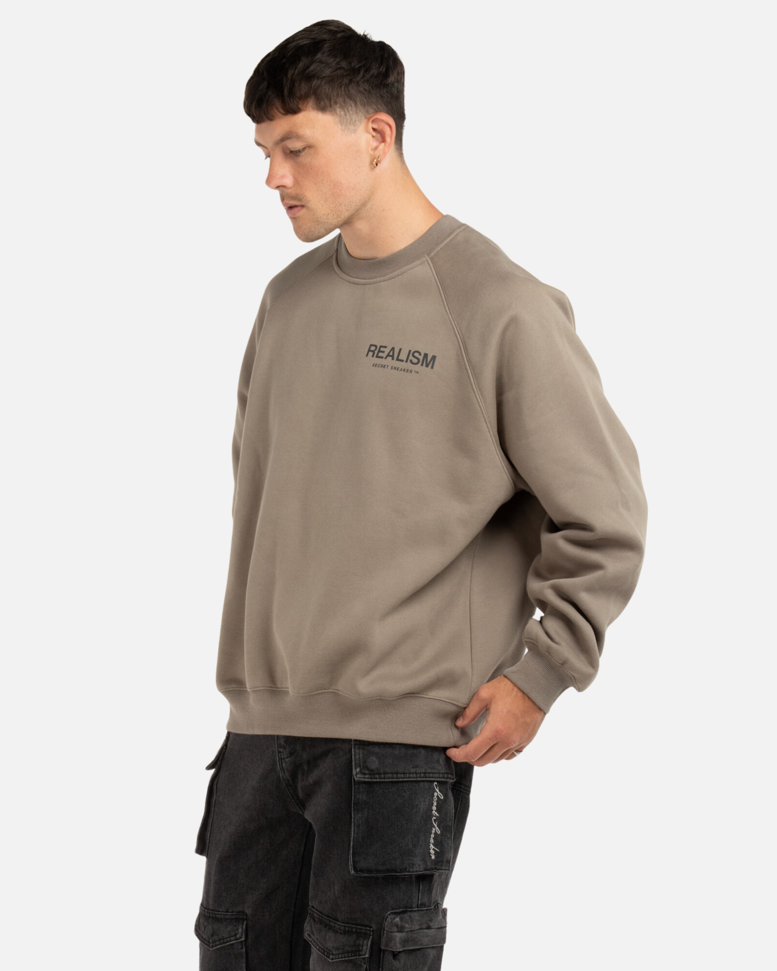SSS Realism Back Logo Reflective Crewneck Sweatshirt - Cement Grey | Streetwear Fashion for Men & Women | Perfect for Night Running & Urban Style