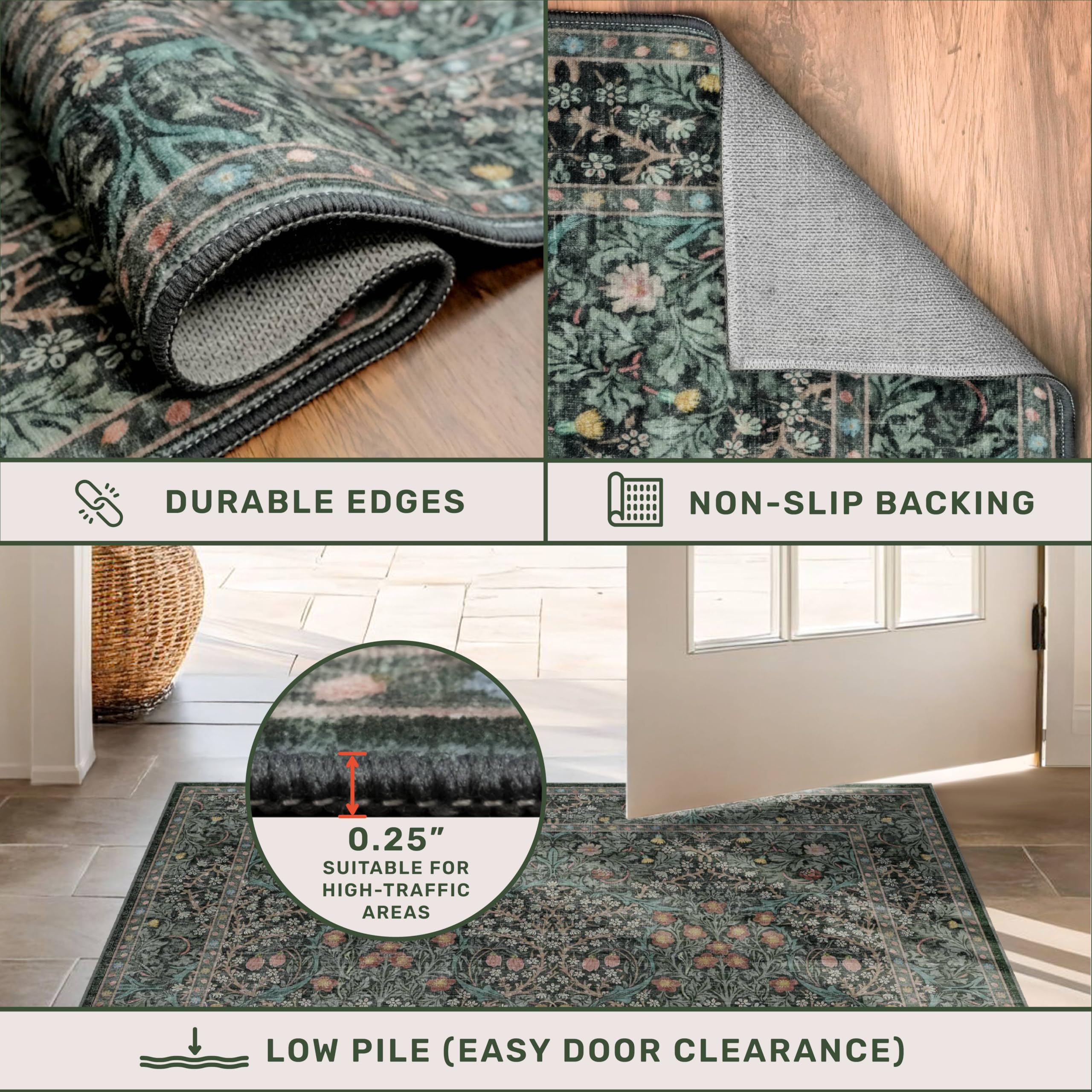 Vintage Dark Green 8x10 Washable Area Rug - Non-Slip Low Pile Oriental Rug for Living Room, Bedroom, Dining Room & Kitchen | Stain Resistant & Easy to Clean | Perfect Under Table, Sofa or Bed (Dark Green)