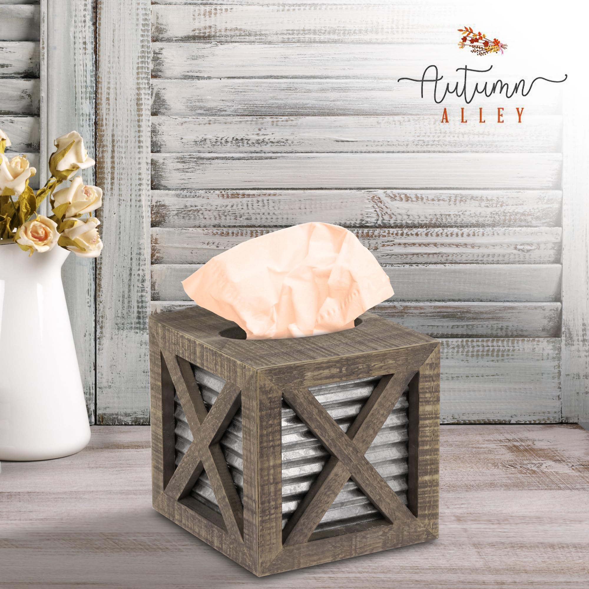 Rustic Square Farmhouse Tissue Box Cover - Wooden Bathroom Tissue Holder with Galvanized Decor for Farmhouse Style Homes | Perfect for Bathroom, Living Room, and Bedroom Décor