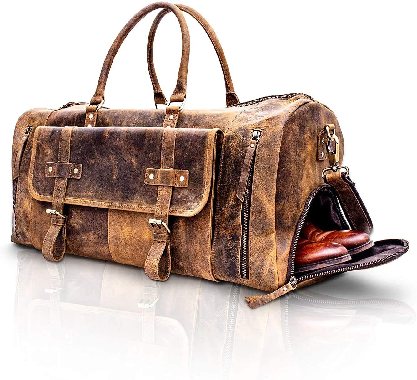 Premium Full Grain Leather Travel Duffel Bag for Men & Women - Durable Overnight & Weekend Gym Bag - Perfect for Sports, Gym, Business Trips & Outdoor Adventures