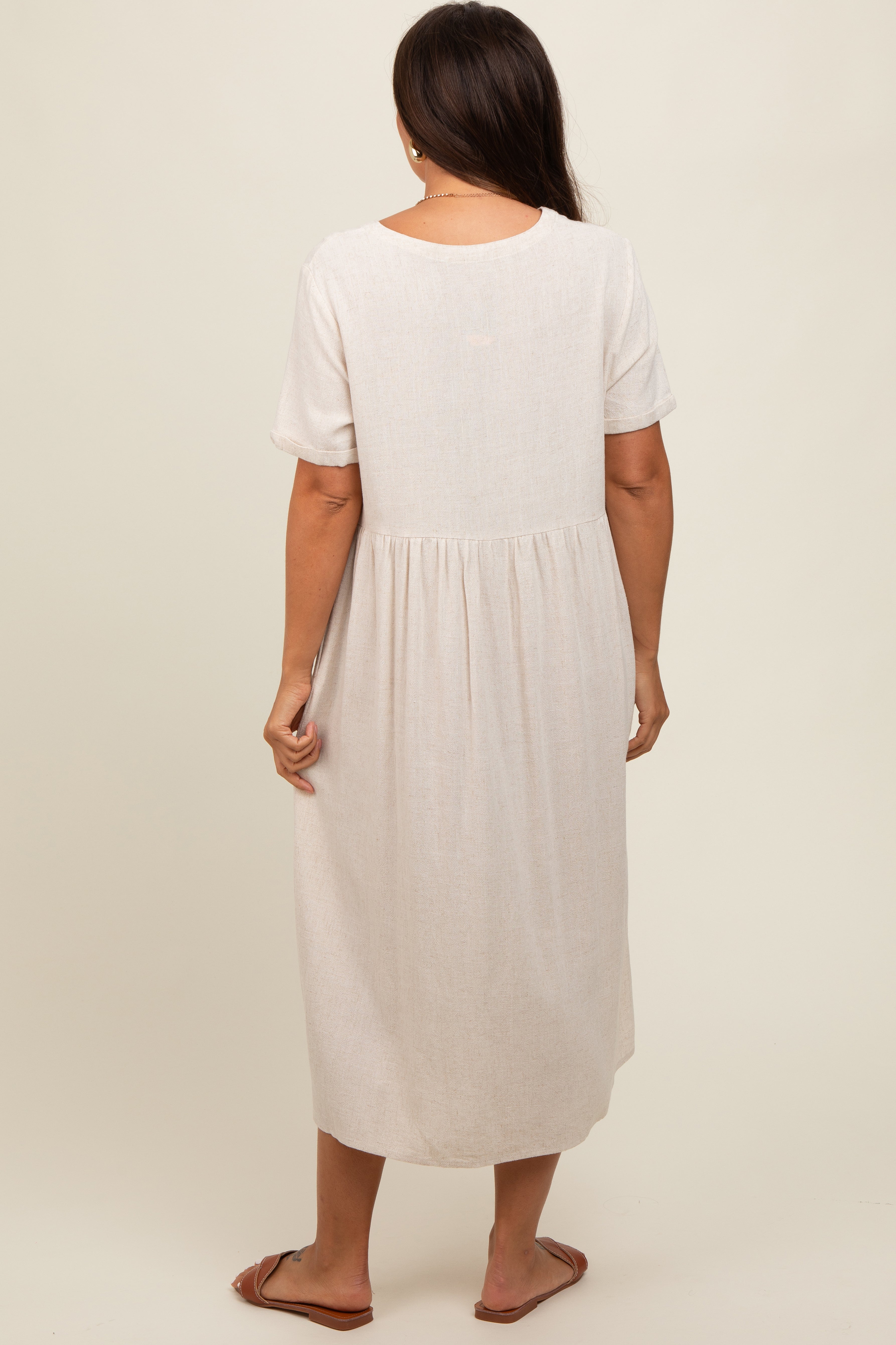 Beige Button Down Maternity Midi Dress for Women - Comfortable Pregnancy Outfit for Work, Church & Special Occasions