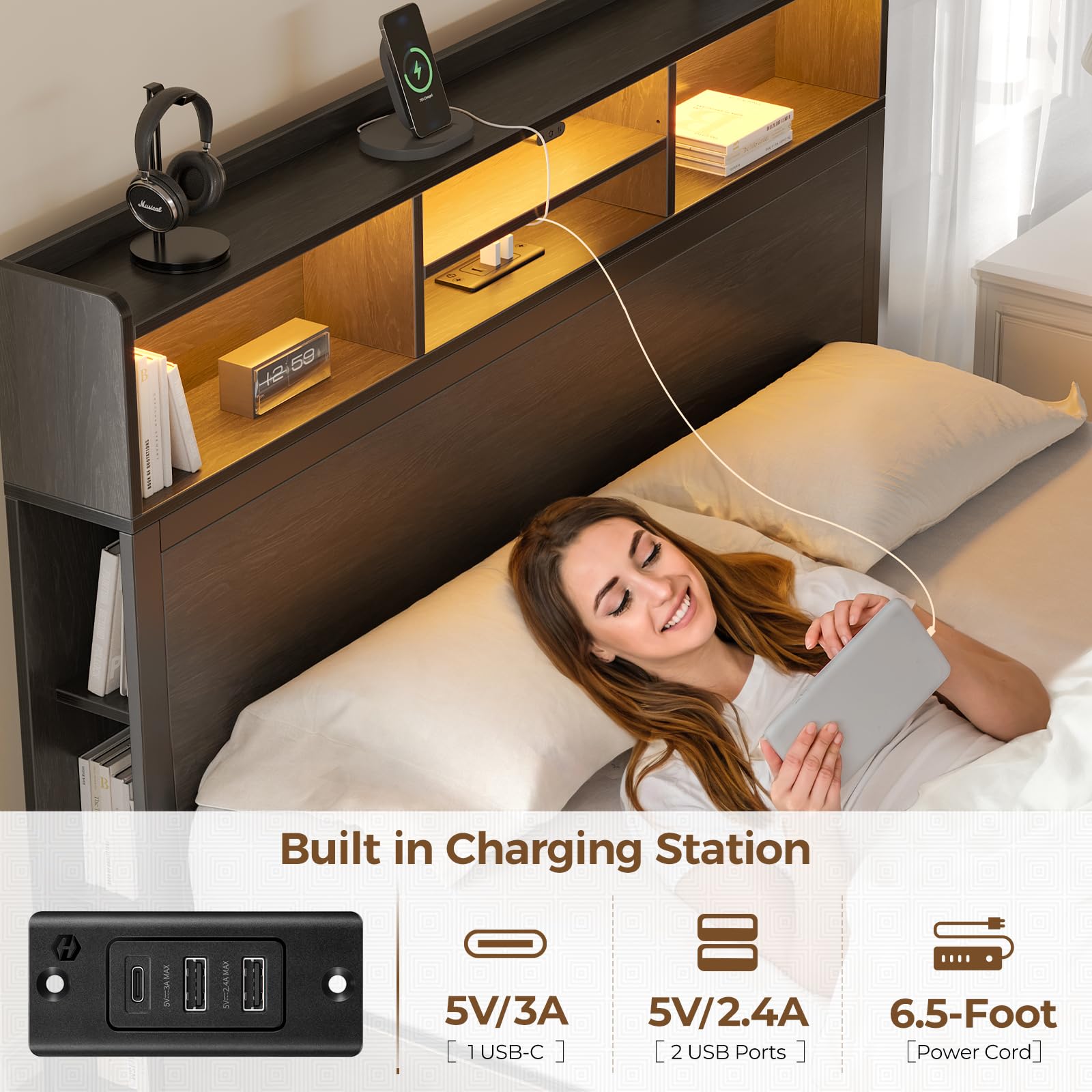 Rolanstar Queen Size Bed Frame with Storage Headboard & LED Lights - Metal Platform Bed with USB Charging Station, 4 Drawers & Bookcase - No Box Spring Needed - Easy Assembly & Noise-Free - Black - Perfect for Small Bedrooms, Dorms & Apartments