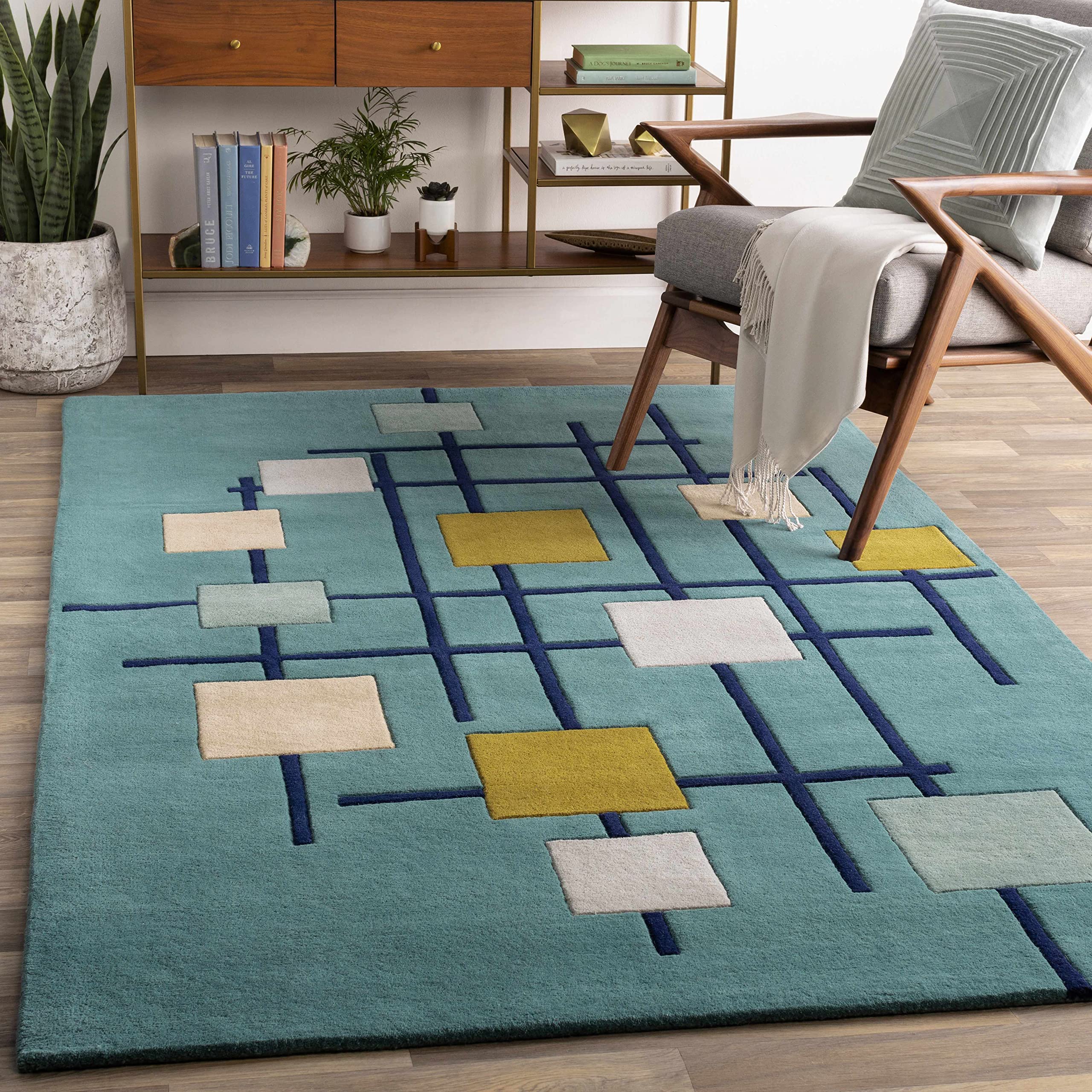 Hauteloom Bellvue Wool Area Rug - Modern Round 4' Blue Gray Beige - Perfect for Living Room, Bedroom, Office Decor