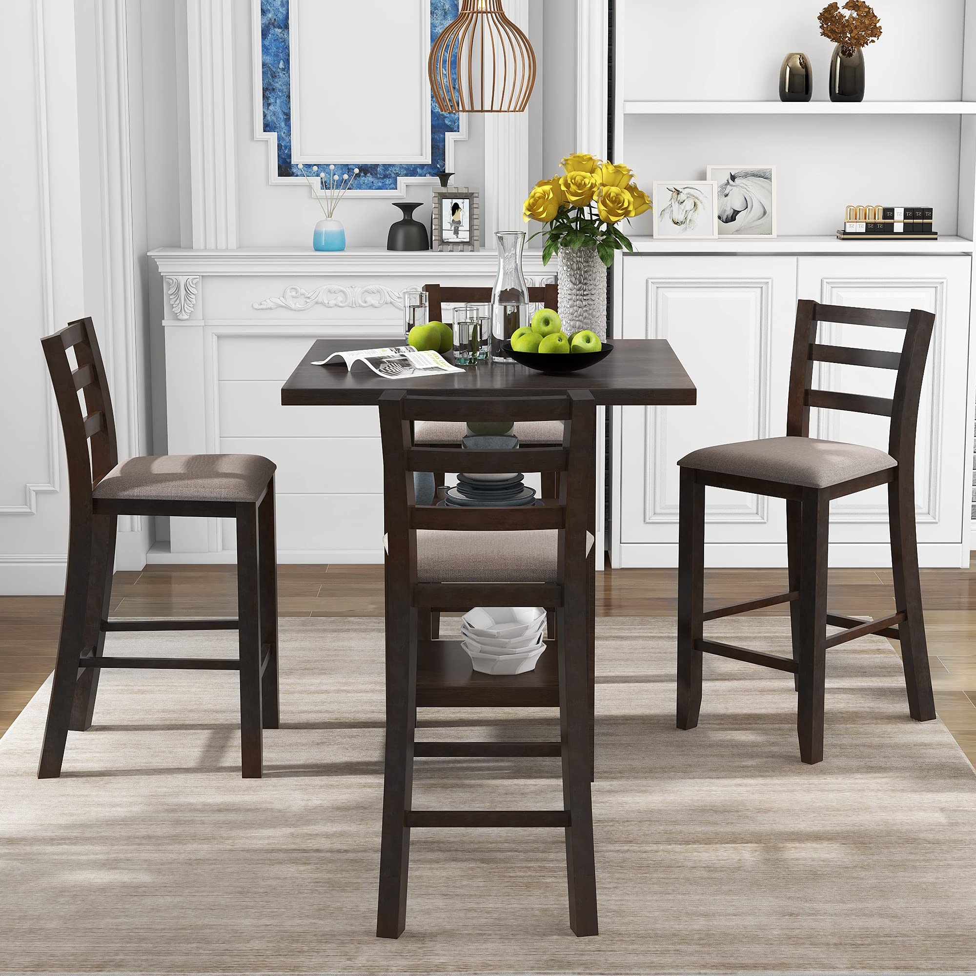 Farmhouse Style Counter Height Dining Table Set for 5 with 2-Tier Storage Shelves & 4 Padded Chairs - Espresso Finish | Perfect for Small Kitchens, Breakfast Nooks & Open Concept Dining Areas