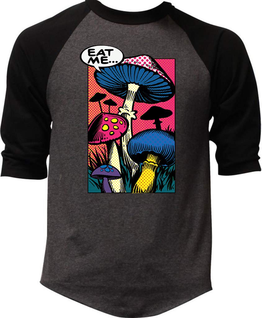 Koyotee Men's Graphic Mushroom Print Raglan Baseball Tee - Charcoal/Black - Casual Streetwear & Retro Gaming Outfit