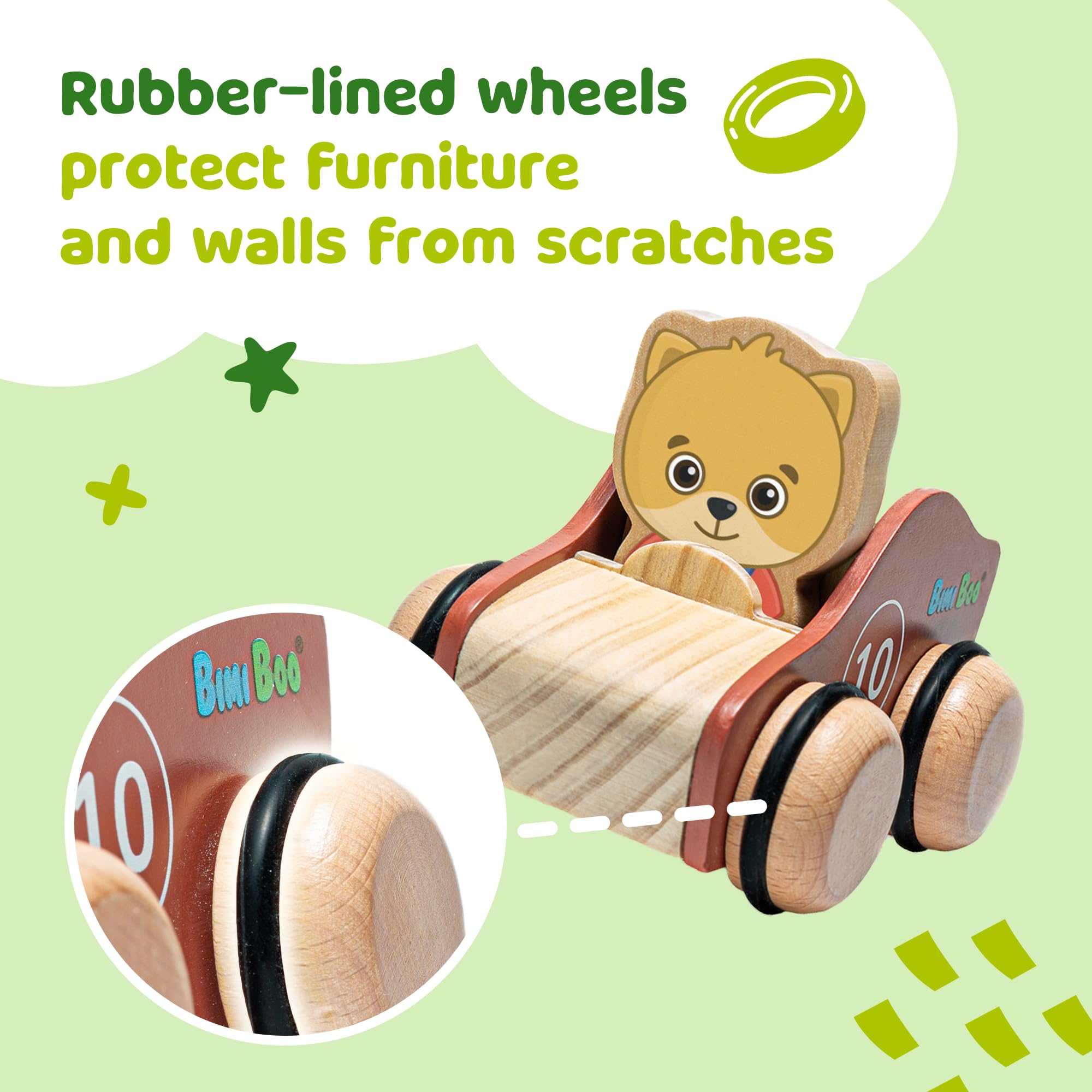 Bimi Boo Wooden Toy Car Set for Toddlers - 2-Piece Push & Go Race Cars with Chunky Playable Characters - Early Learning Grasping Toys for Boys & Girls - Perfect for Indoor Play, Birthday Gifts & Preschool Development