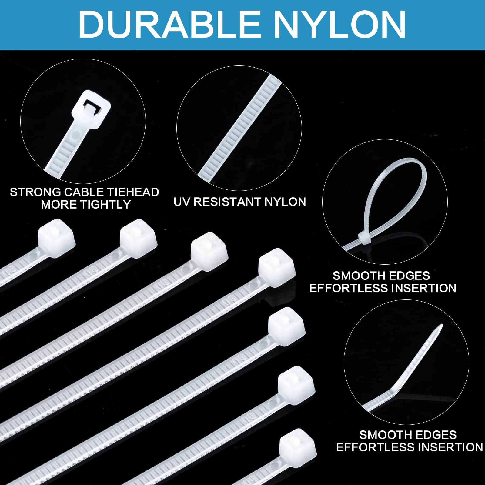 1000 Pcs 4-Inch White Nylon Cable Ties - Self-Locking Clear Plastic Zip Ties for Wires, Cords & Organizing | Durable Thin Wraps for Indoor & Outdoor Use, Home Office, Gardening & DIY Projects