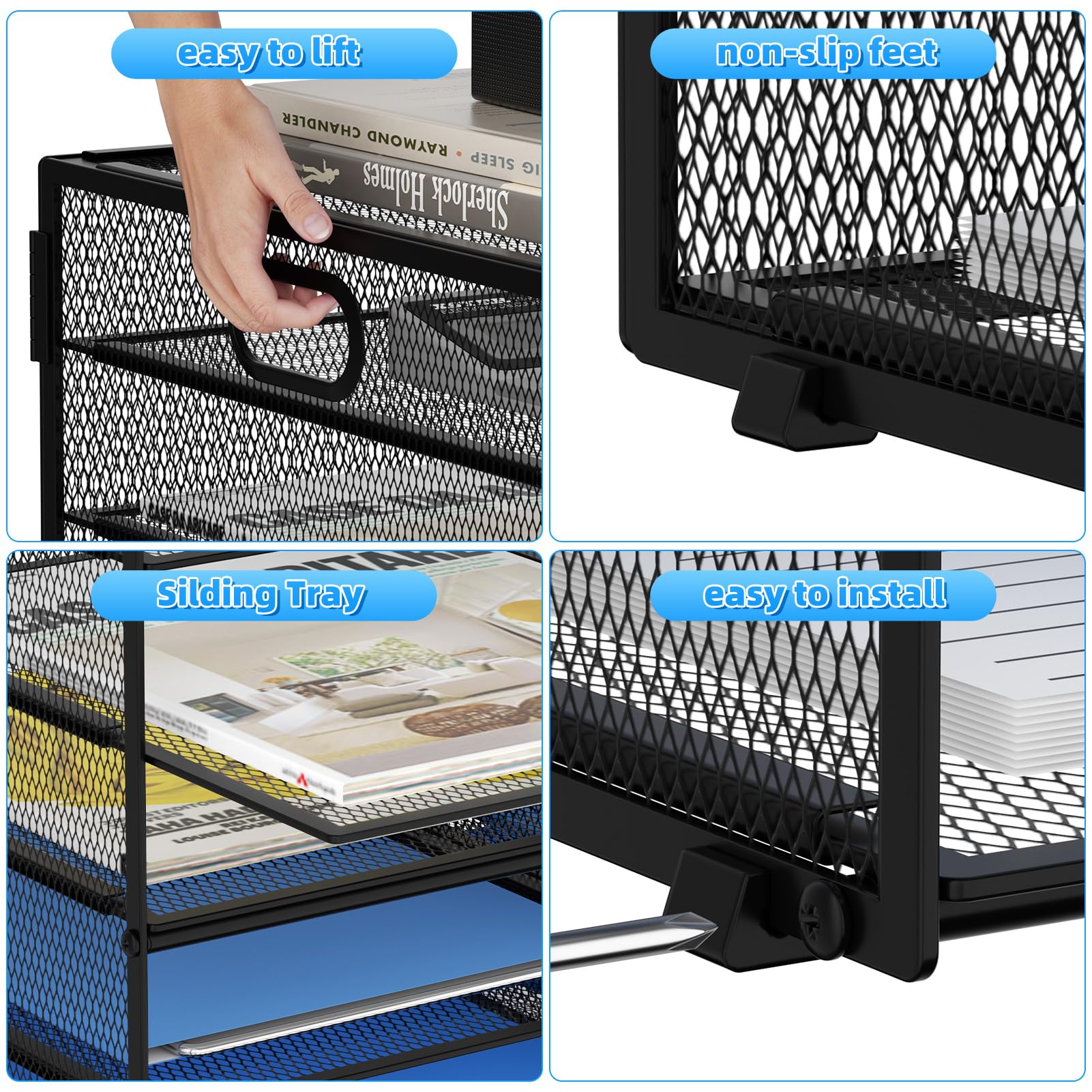 Lavatino 12 Compartment Mesh Desk Organizer - Black Paper & Mail Sorter Tray with Handle for Office, Classroom, or Home - Perfect for Organizing Documents, Letters, and Office Supplies on Your Desk