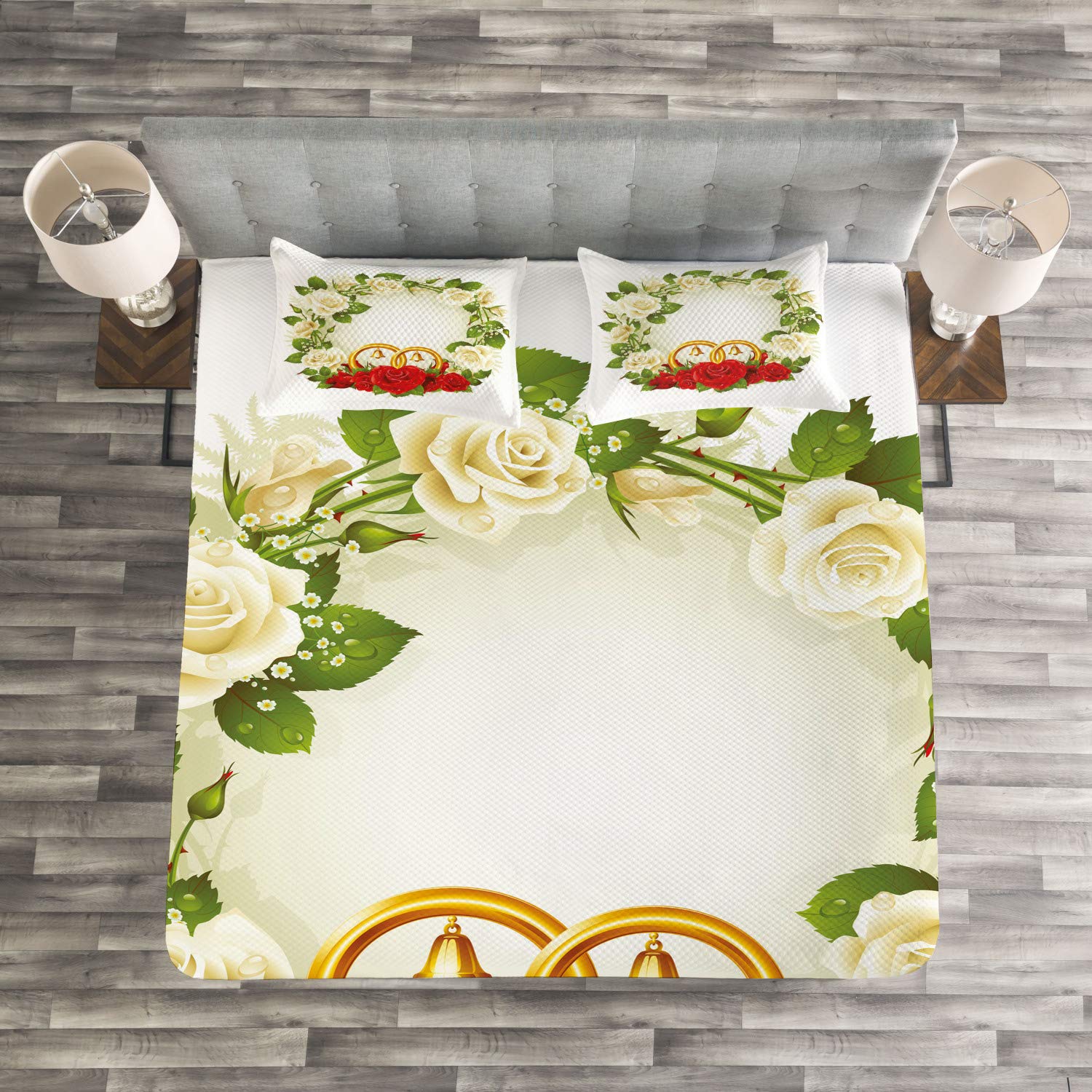 Ambesonne 3-Piece King Size Wedding Bedspread Set with White and Red Roses, Wedding Rings Design - Decorative Bedding Coverlet and 2 Pillow Shams in White, Green, Red - Perfect for Romantic Bedroom Decor, Anniversary Gift, or Honeymoon Suite