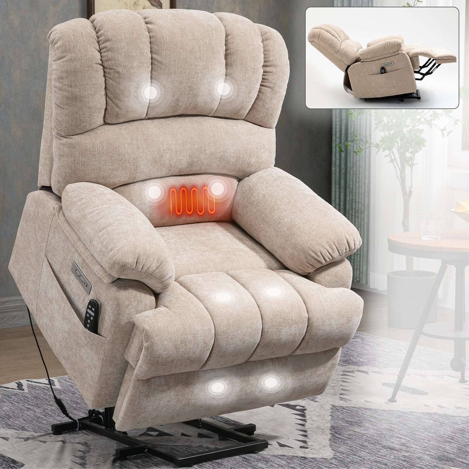 Extra Wide 23-Inch High Back Large Beige Chenille Power Lift Recliner Chair with 8-Point Vibration Massage & Lumbar Heating - Perfect for Living Room, Home Theater & Elderly Comfort