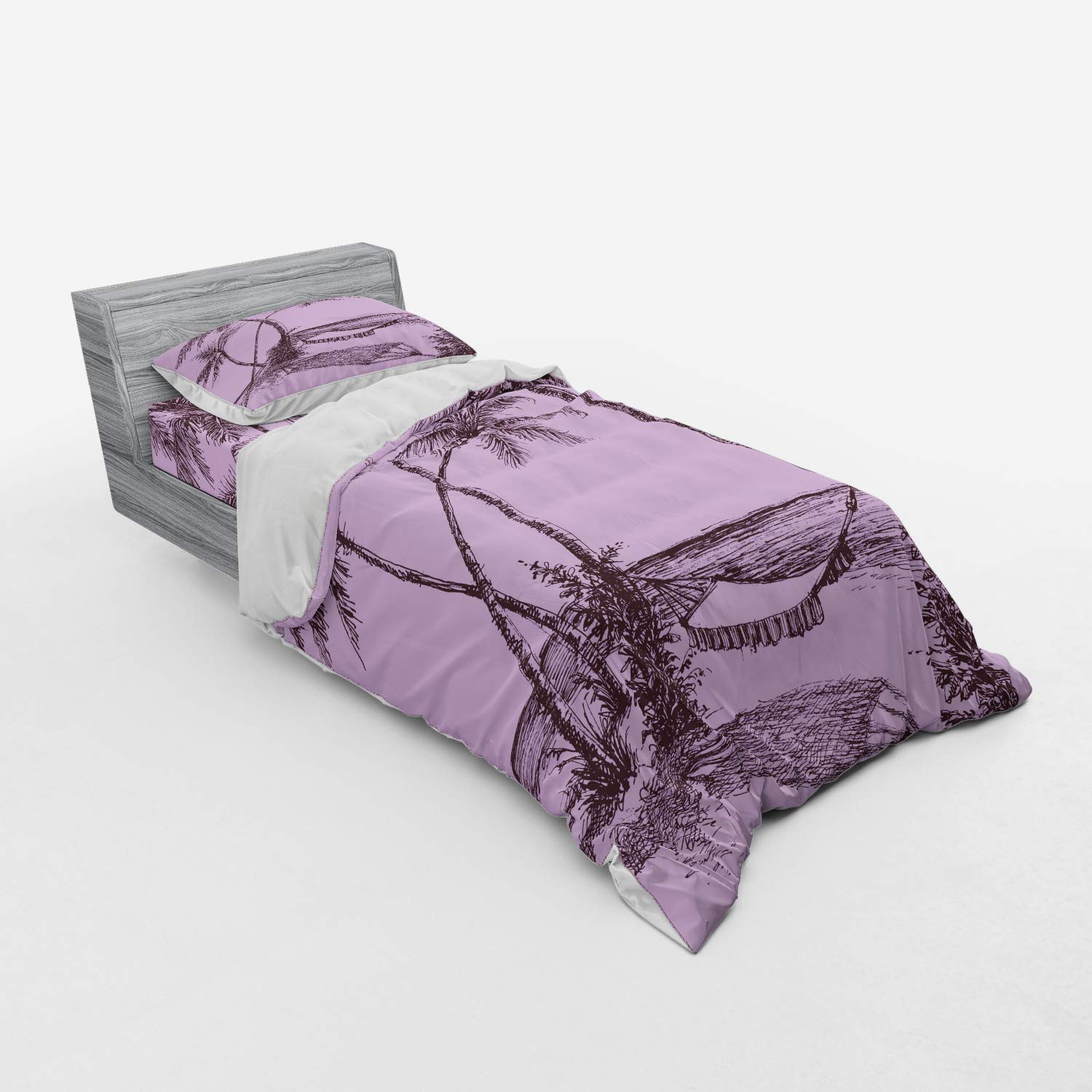 Ambesonne Tropical Duvet Cover Set - Sketch Style Hammock & Palm Trees Beach Design, 3-Piece Bedding Set with Pillow Sham & Fitted Sheet, Twin XL Size, Cream & Dark Brown | Perfect for Beach-Themed Bedrooms, Vacation Homes & Tropical Decor